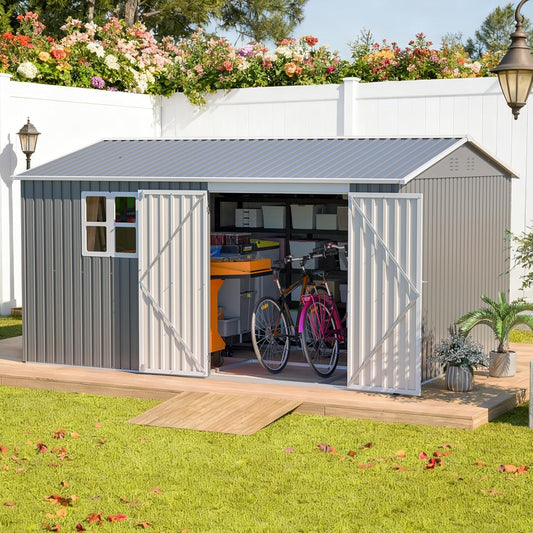 10x12 FT Outdoor Metal Storage Shed, Large Garden Tool Shed with Window & Metal Frame Floor for Patio Storage