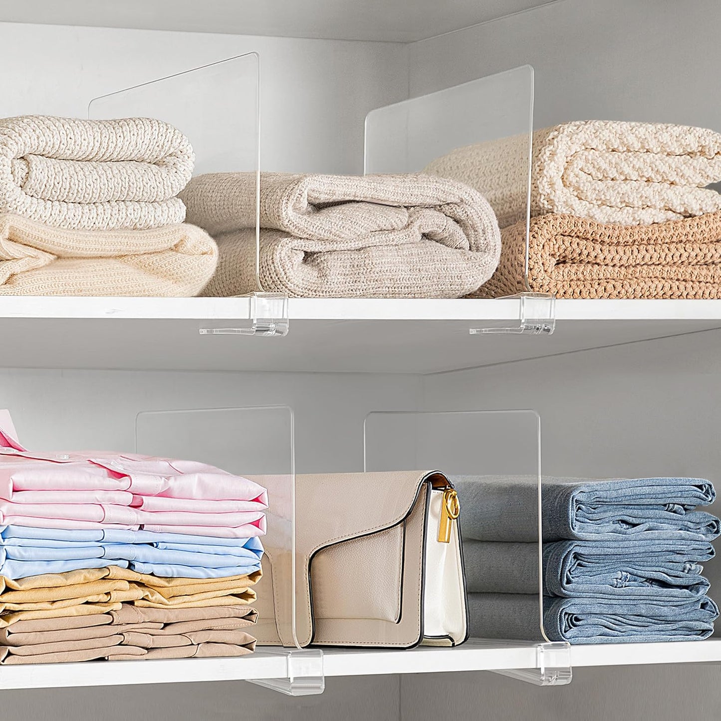 HBlife 1 Pack Clear Shelf Dividers, Vertical Purse Organizer for Closet Perfect for Sweater, Shirts, Handbags in Bedroom and Kitchen, Adjustable Acrylic Bookshelf for Organization