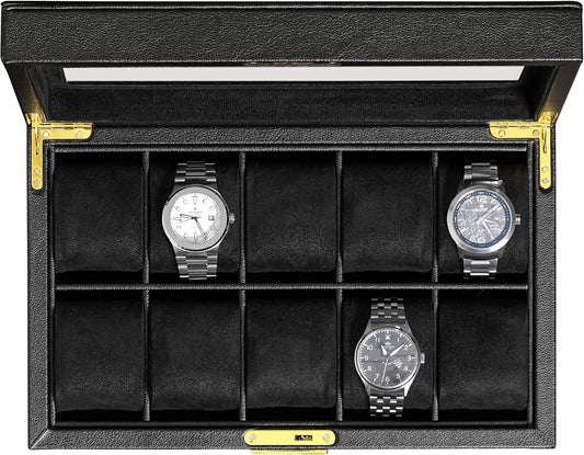ROTHWELL 10 Slot Leather Watch Box - Luxury Case Display Jewelry Organizer - Locking Watch Display Case Holder with Large Glass Top - Box Organizer for Men and Women (Black/Black)