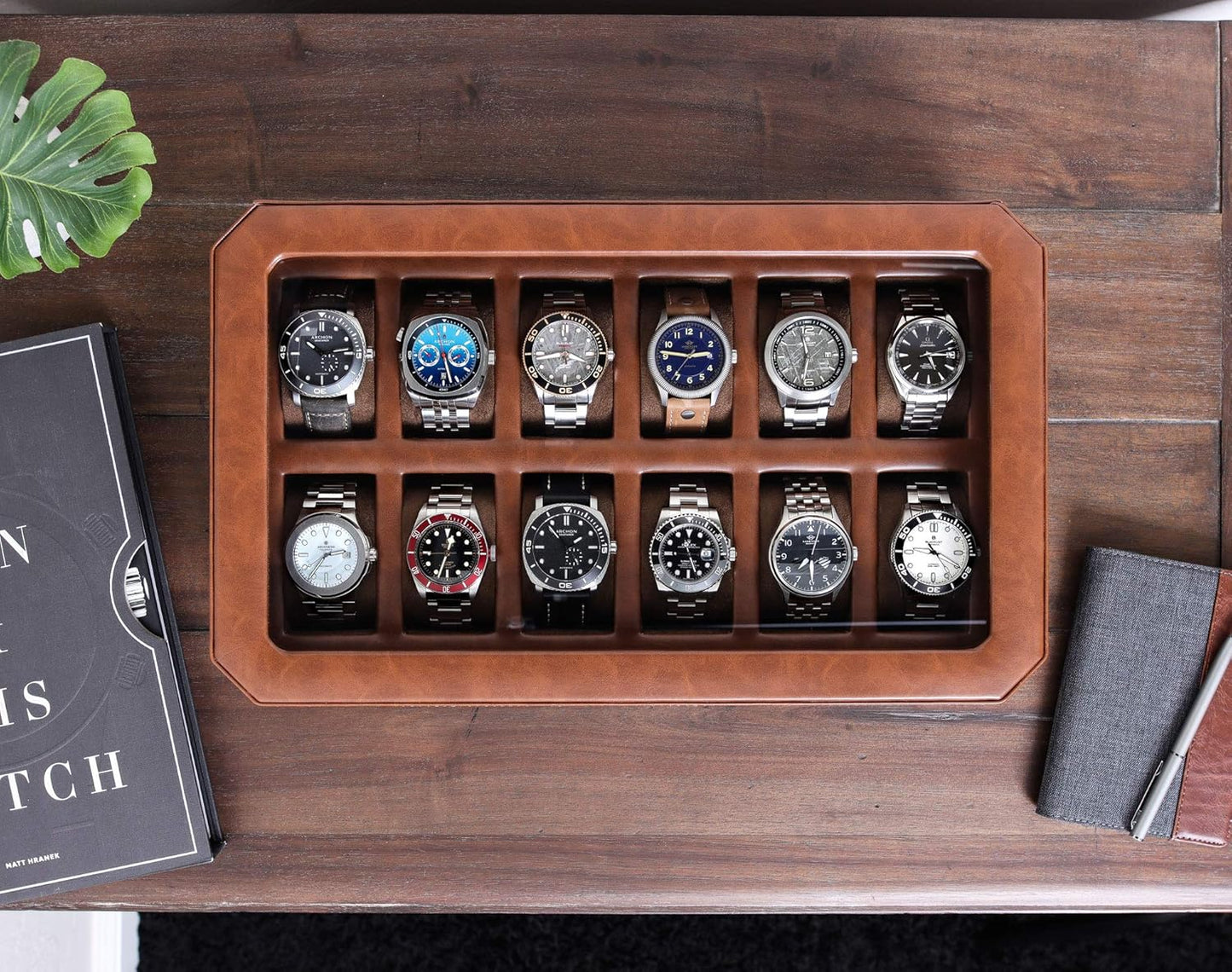 ROTHWELL 12 Slot Leather Watch Box - Luxury Watch Case Display Organizer, Microsuede Liner, Locking Mens Jewelry Watches Holder, Men's Storage Boxes Holder Large Glass Top (Tan/Brown)