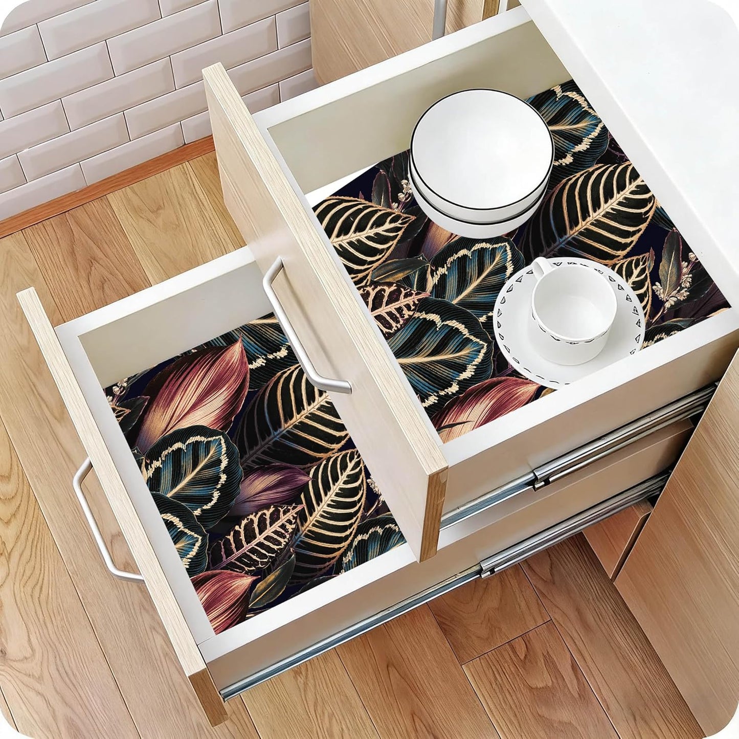 Floralplus Shelf Liner for Kitchen Cabinet, Self Adhesive Drawer and Cabinet Liner, Botanical Contact Paper, Waterproof Countertop Cupboard Dresser Liners 17.7 x 78.7 in