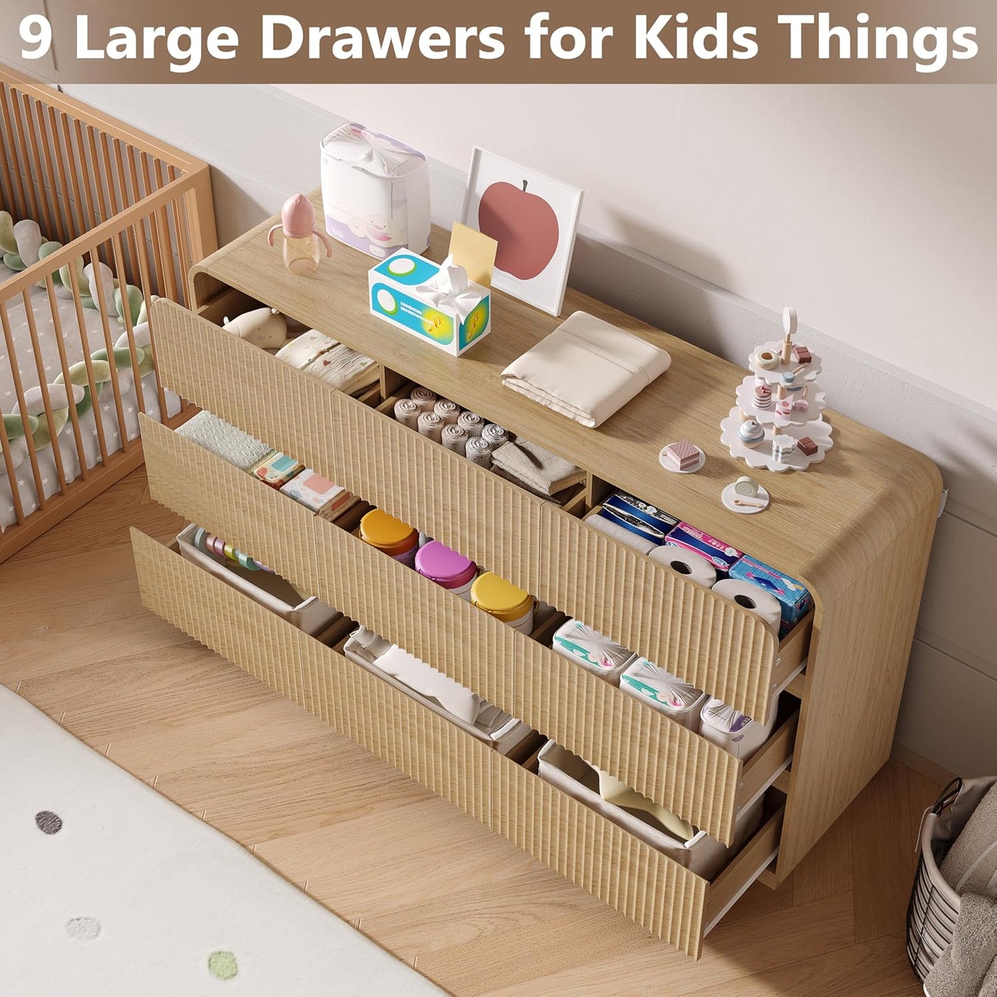 Dresser for Bedroom with 9 Drawers, Fluted Chest of Drawers with Round Curved Corner, Hidden Handles, Modern Wood Storage Organizer for Bedroom, Nursery, Living Room