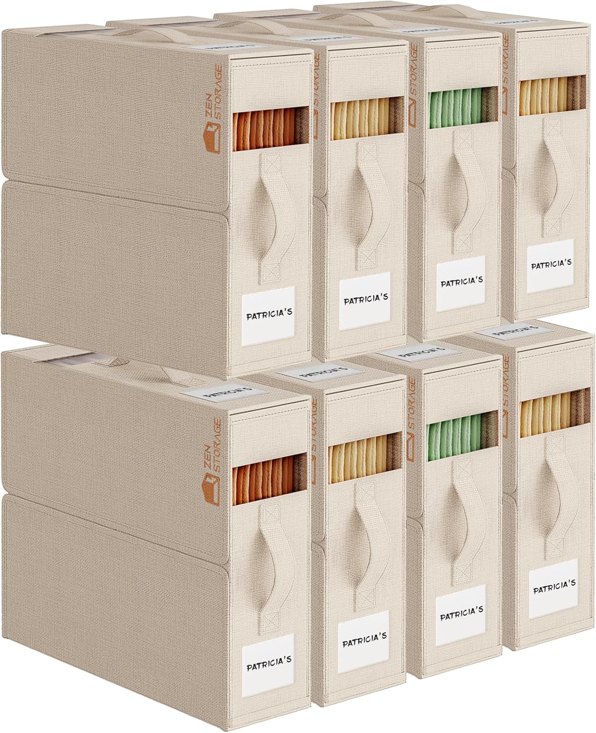 8Pack Sheet Organizers for Linen Closet - King/Queen Size Bedding Storage Boxes with Clear Window | Foldable, Dustproof Linen Organizer for Blankets & Sheet Sets,Beige