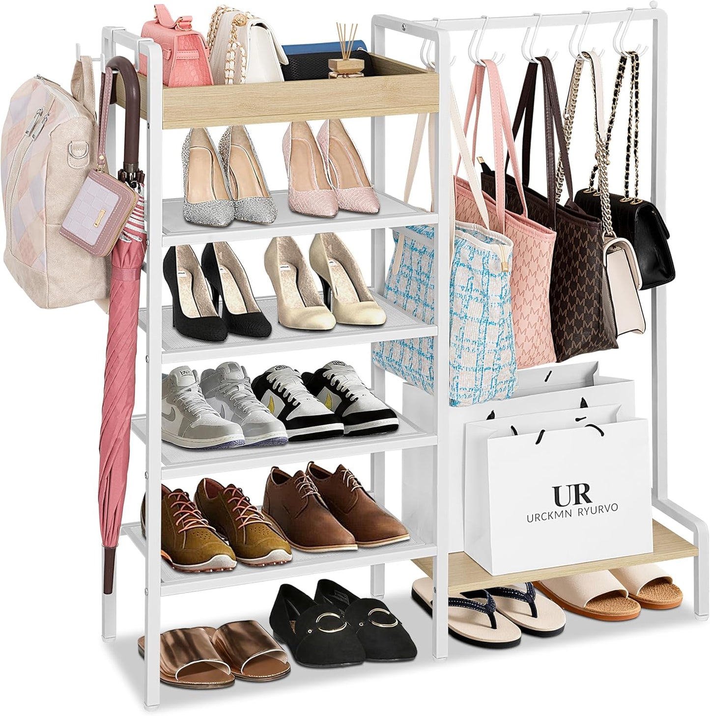 2-in-1 Shoe Rack for Closet with Purse Organizer, 5 Tier Shoes Shelf with Wooden Tray and Removable Shelves, Storage Organizer for Entryway, Garage, Hold Boots, Backpacks, White
