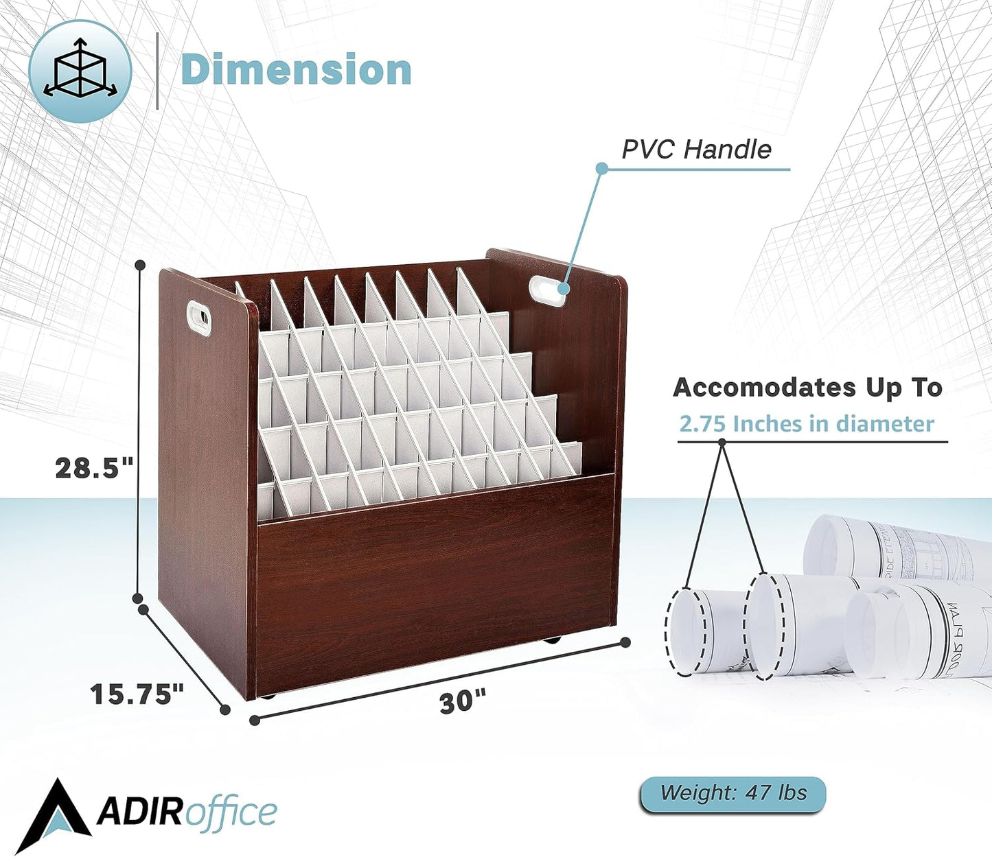 Adir Blue Print Storage Organizer - Mobile Roll File Cart, Construction Plan Holders, Blueprint Cabinet with Wheels, Roll Files Storage for Office and Home (50 Slots, Mahogany)