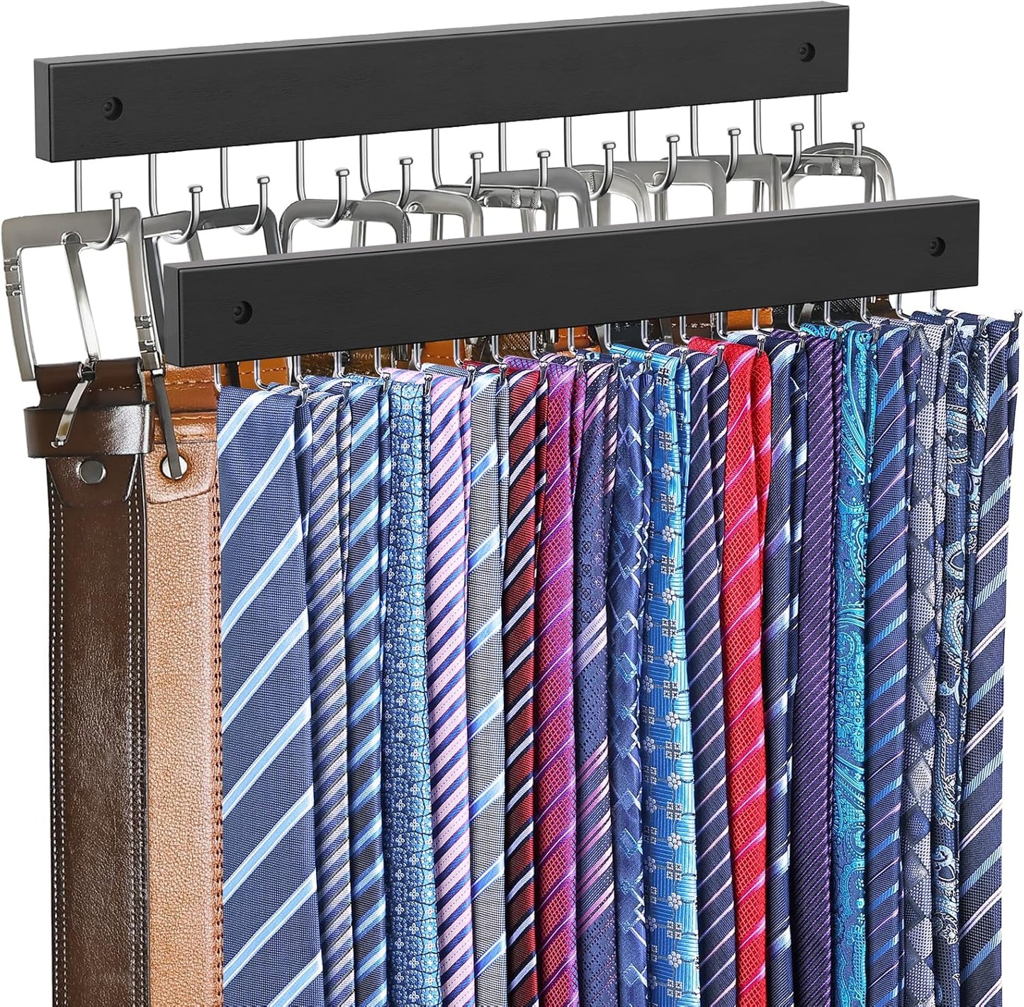 Tie and Belt Rack Wall Mount 2 Pack, Max 20 Tie Storage & 36 Belt Organizer, 180° Rotating Space Saving Tie Holder Belt Hanger for Closet Wall Mounted
