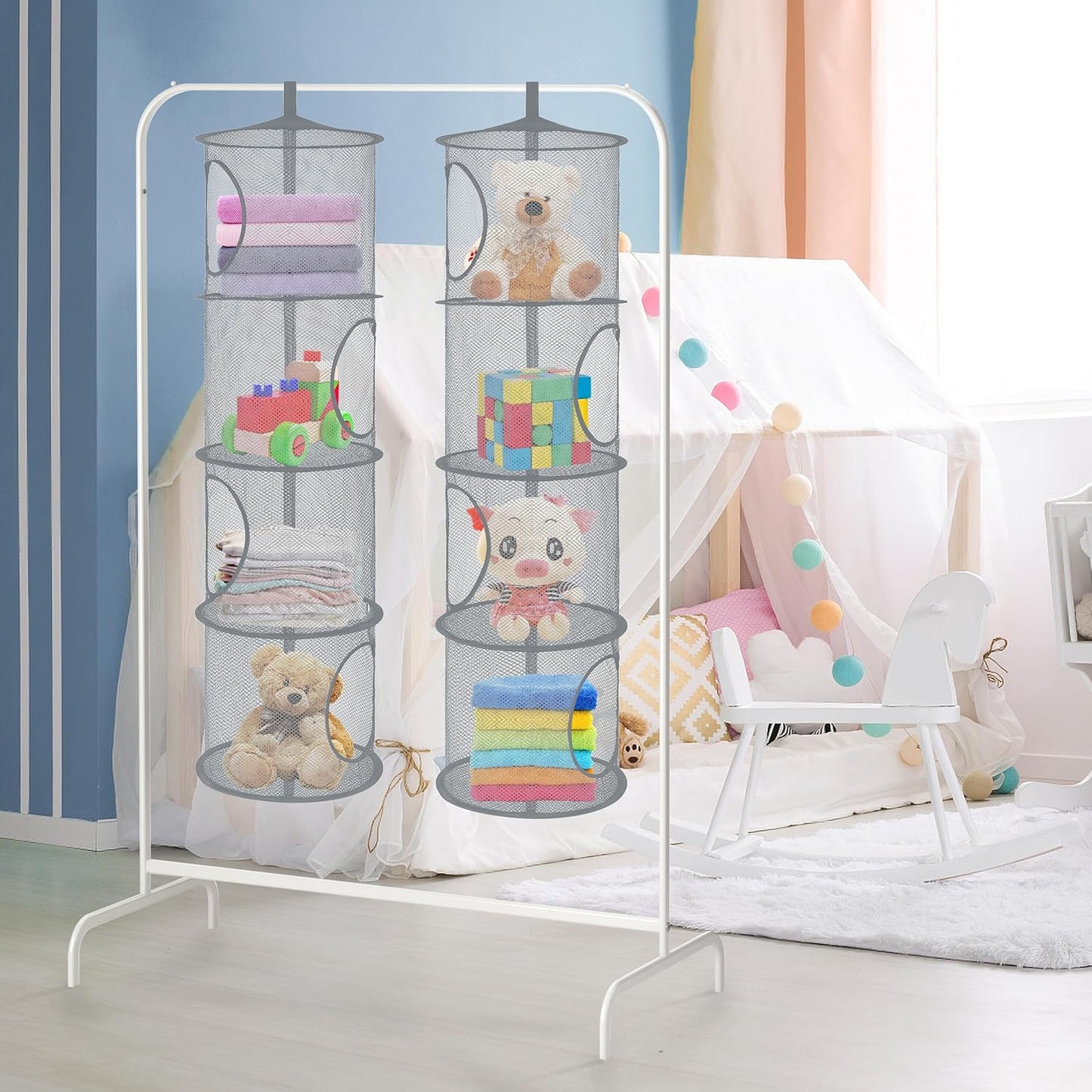 Libeder Mesh Hanging Storage Space Saver Bags Organizer,Foldable Storage Organizer 4 Compartments Toy Storage Basket for Kids Room Bathroom 2 Sets Grey