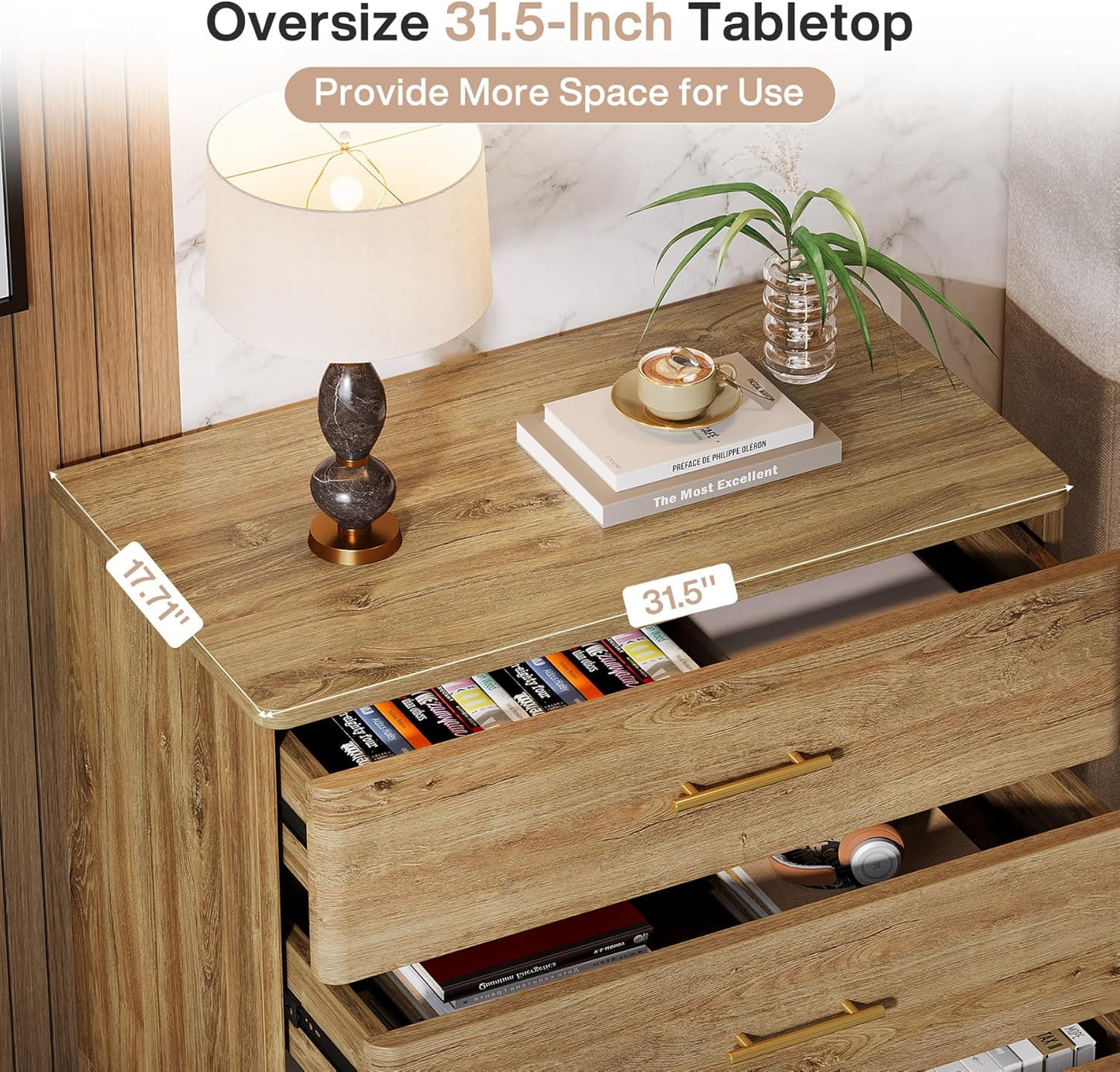 Tribesigns Oversized Nightstand with 3 Drawers, 31.5-Inch Wide Wood Farmhouse Night Stand with Storage and Gold Mental Handles for Bedroom, Brown (1)