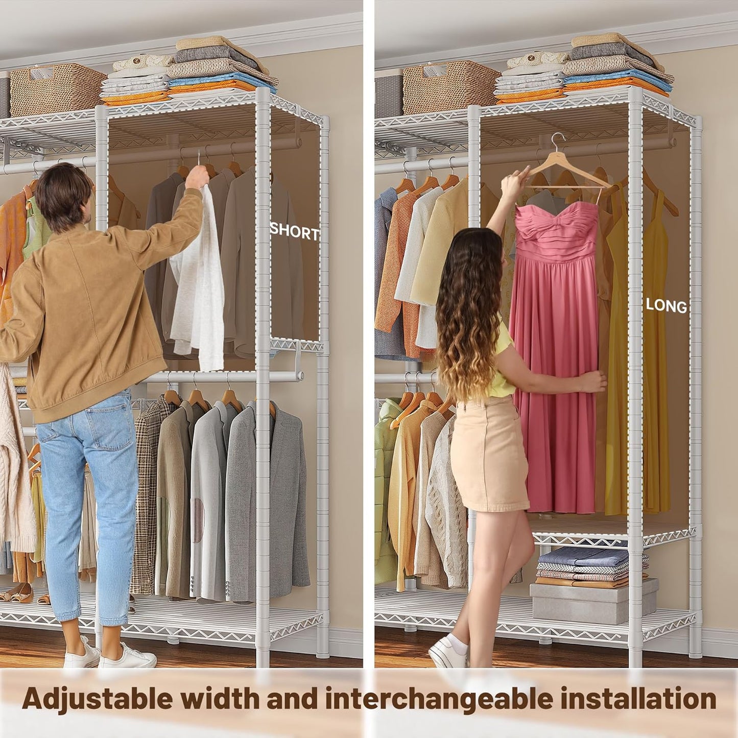 Raybee 76.9" H Clothes Rack Heavy Duty Loads 1100 LBS Metal Clothing Racks for Hanging Clothes Adjustable Garment Rack White,75.8" W*17.7" D*76.9" H