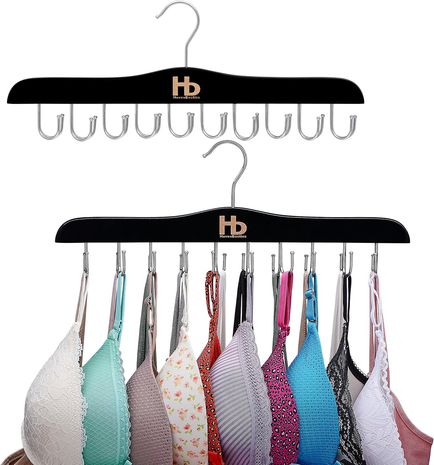 Large Bra Hanger and Bra Organizer for Closet – Tank Top Hanger Space Saving for House, Dorm, Apartment - Foldable Wooden for Closet Organizer– with 20 Hooks, Lotus Wood, Black, 2 Pack