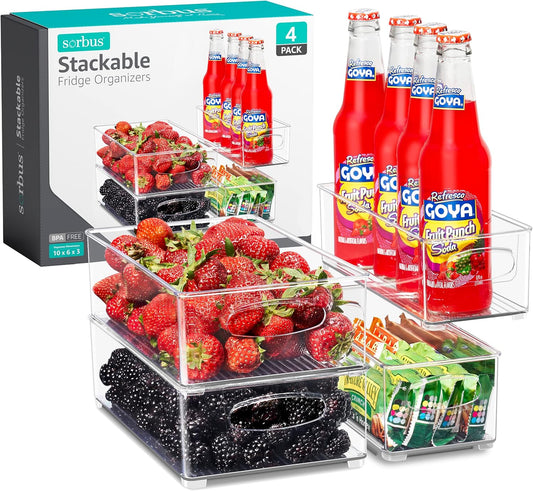 Sorbus Stackable Refrigerator Organizer Bins - Set of 4 Clear Storage Bins for Kitchen Pantry, Freezer & Fridge Organization - Food Organizing Plastic Containers with Handles for Countertops & Drawers