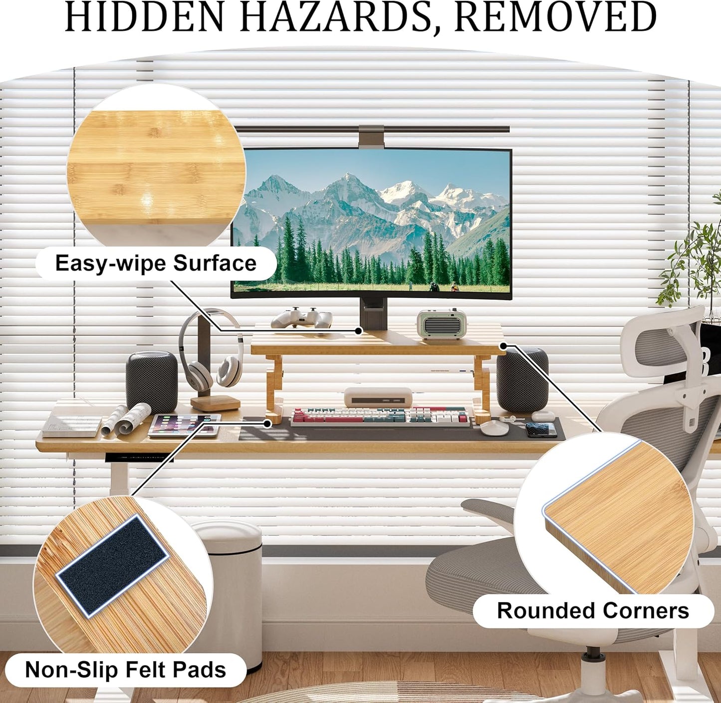 Bamboo Monitor Stand Riser for Desk, Height Adjustable Computer Riser & Laptop Stand, Ergonomic Desktop Organizer Shelf W/ Underneath Storage, Sturdy 100 lbs Capacity for Printer/TV/Home Office