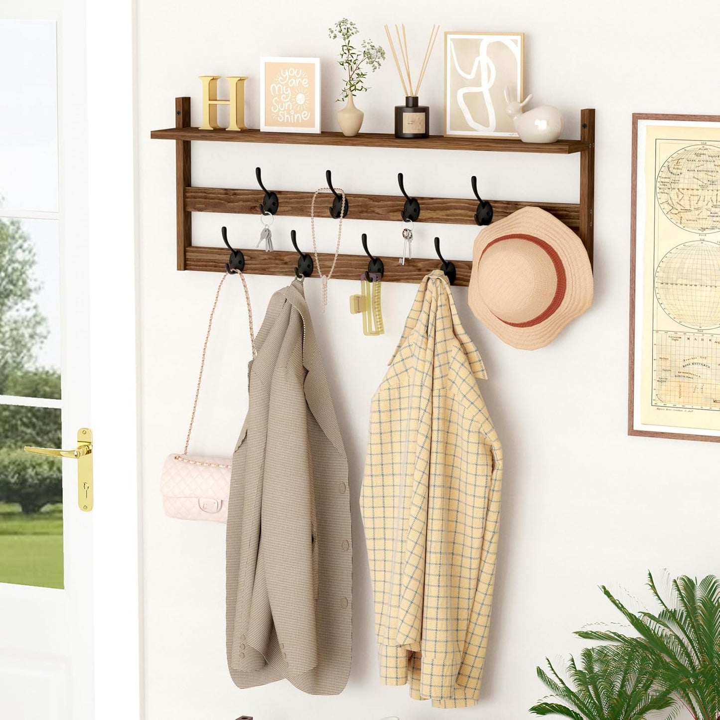 AMBIRD Coat Rack Wall Mount with Shelf, 29" Coat Hooks Wall Mounted with 9 Metal Hooks for Entryway, Bathroom, Bedroom, Living Room, Kitchen, 2 Tier Wall Hooks for Clothes, Hat, Towel, Key, Purse