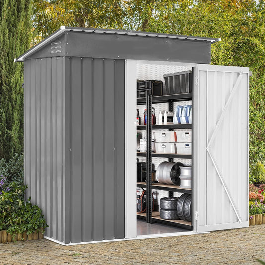 5x3 FT Outdoor Metal Storage Shed with Lockable Door, All-Weather Garden Tool Shed with Sloping Roof, Waterproof Steel Shed for Backyard, Patio, Lawn, Light Gray