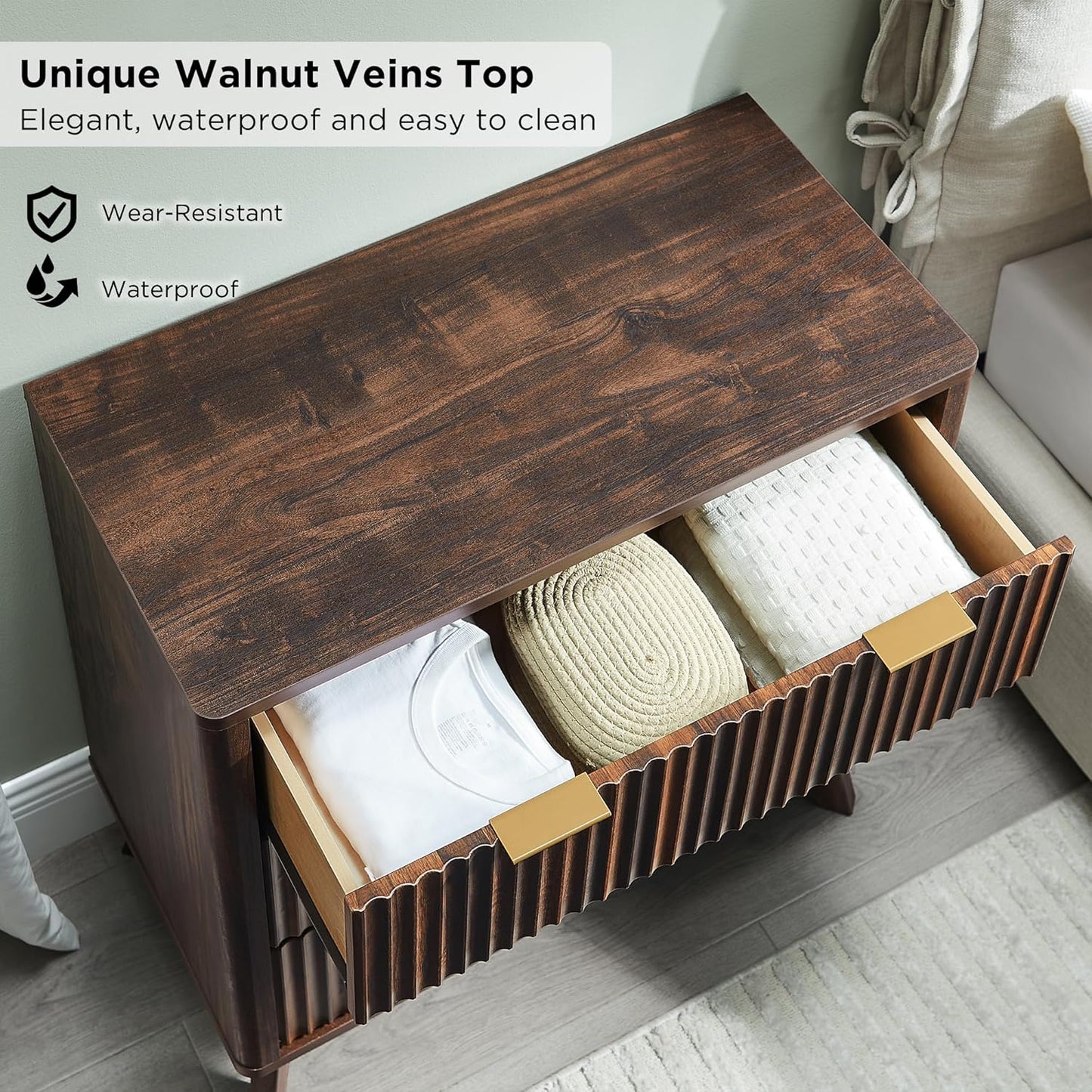 T4TREAM Fluted 3 Drawers Nightstand Set of 2, Oversized Extra Large Modern Side Table, End Table Bedside for Bedroom, Living Room, Curved Profile Design, Dark Walnut
