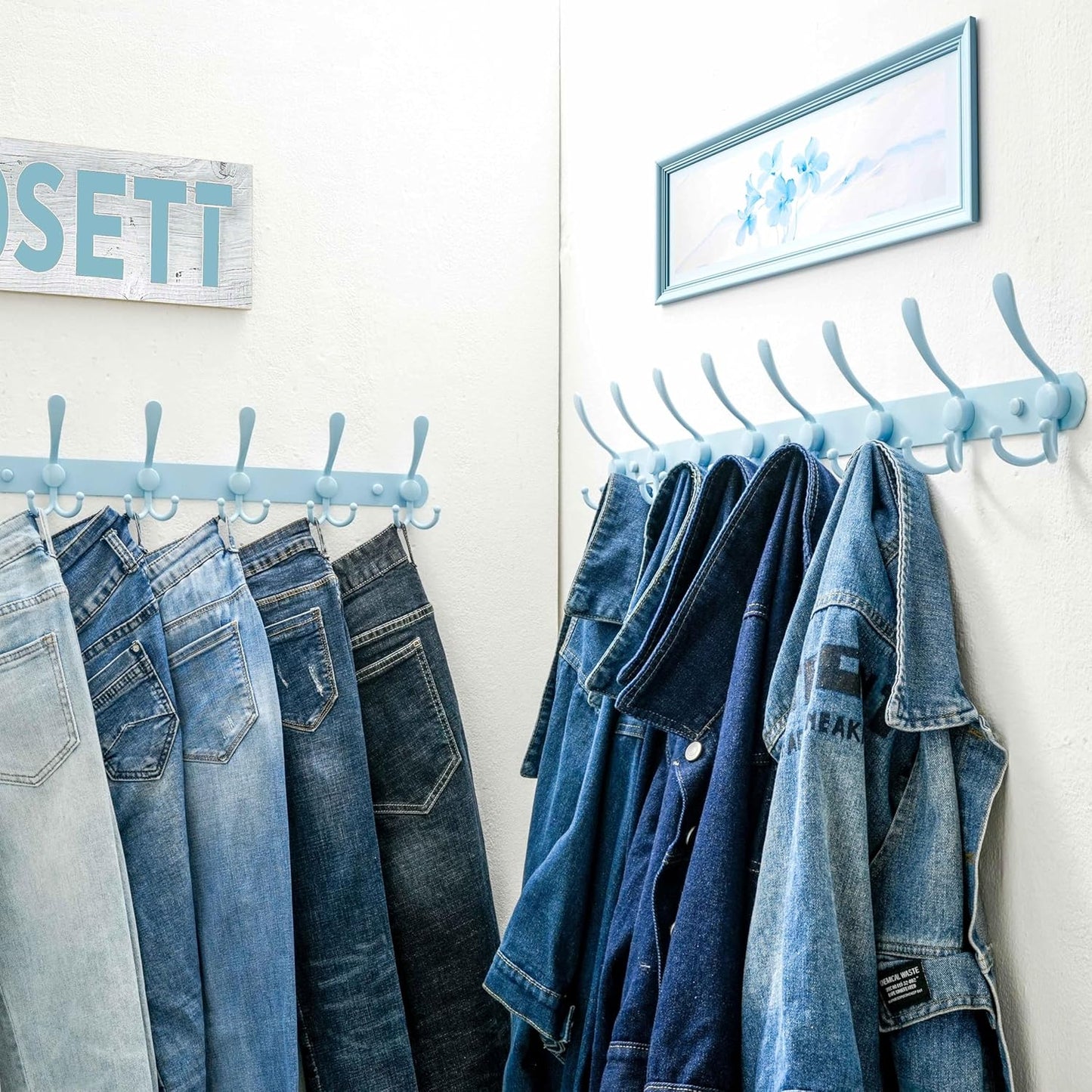 Dseap Coat Rack Wall Mount - 29.5” Long 8-Tri-Hooks Heavy Duty Coat Hanger Rail Wall Hooks for Hanging Coats Hats Clothing Clothes Purse Mudroom Entryway, Blue