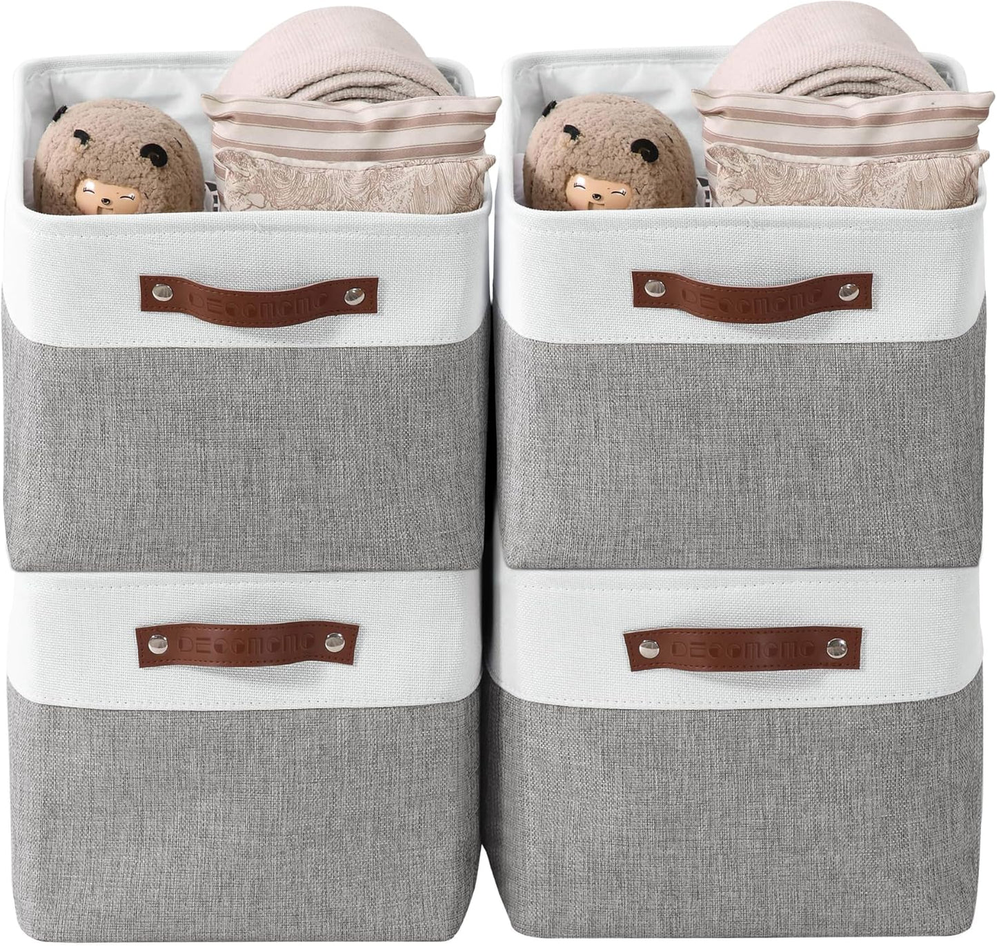 DECOMOMO Storage Baskets for Shelves - Fabric Storage Bins, Linen Closet Organizers and Storage (Grey & White, Large - 4 Pack)