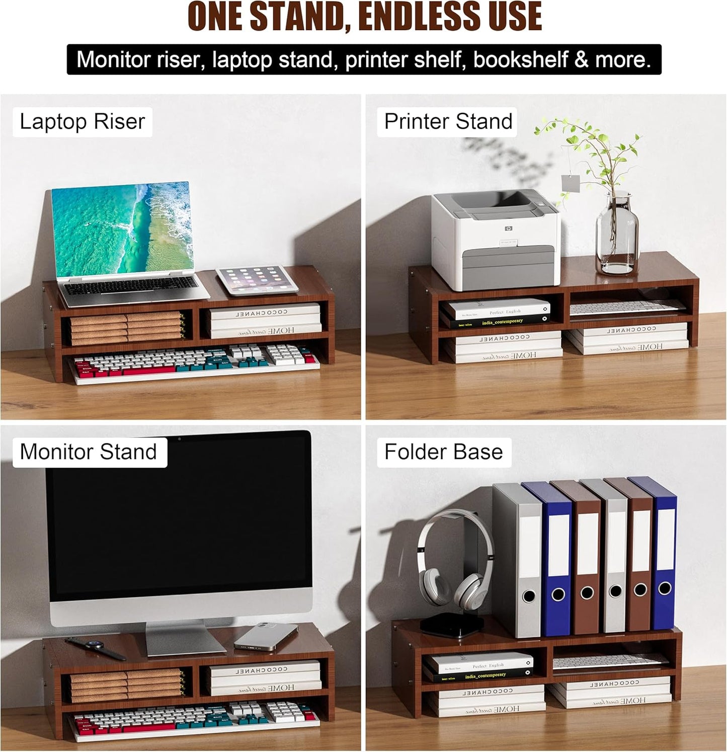 Monitor Stand Riser with Storage, 2 Tier Desk Organizer & Desktop Wood Shelf, Ergonomic Computer Stand for Laptop, PC & Printer, 16" Small TV Riser with 50 lbs Weight Capacity, Walnut Brown