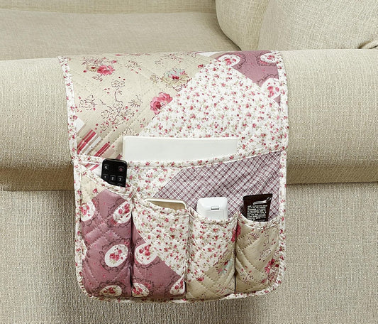 Brilliant Sunshine Pink Rosette and Stripes Patchwork Couch Armrest 5 Pockets Organizer, Slip Resistant Armchair Caddy, Washable Remote Controls Holder, Storage for Magazine, Tablet, Phone, iPad, Rose