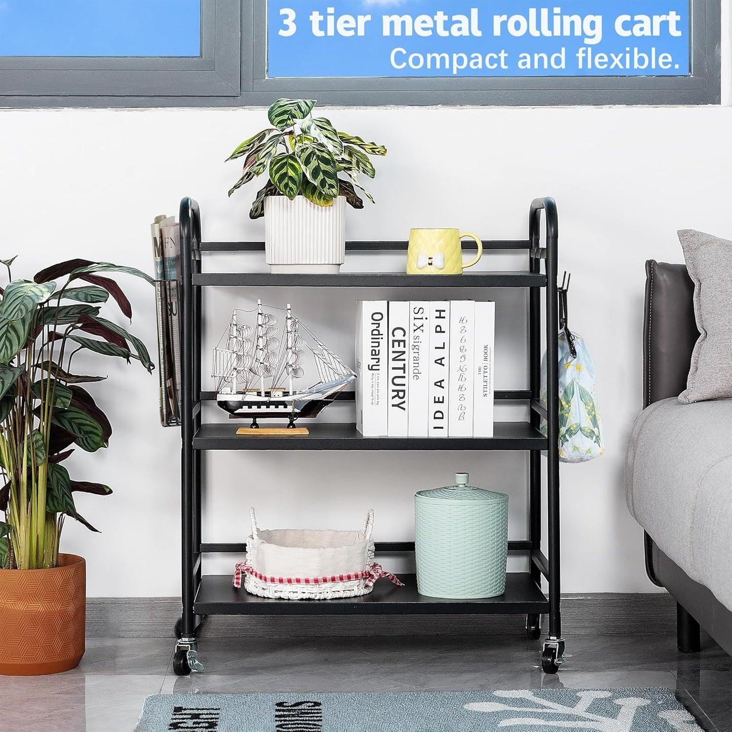 HDANI 3 Tier Metal Rolling Utility Cart,High Capacity Multi Purpose Heavy Duty Cart for Office,Kitchen,Living Room,Bedroom,Black