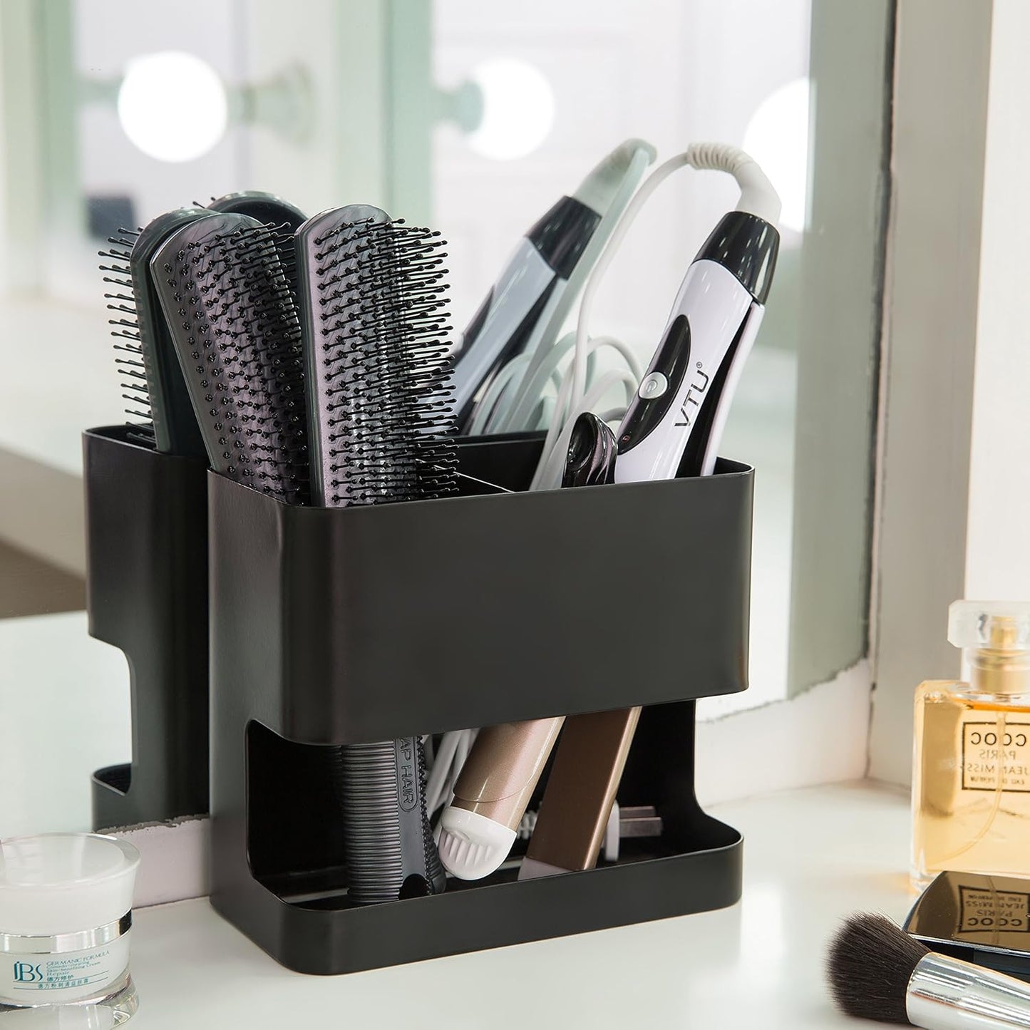 MyGift Hair Tools Organizer with 2 Slots, Black Metal Curling Iron Holder, Wall Mounted Salon Hair Accessories Organizer, Blow Dryer, Straightener and Hair Brush Holder, Hot Tools Organizer