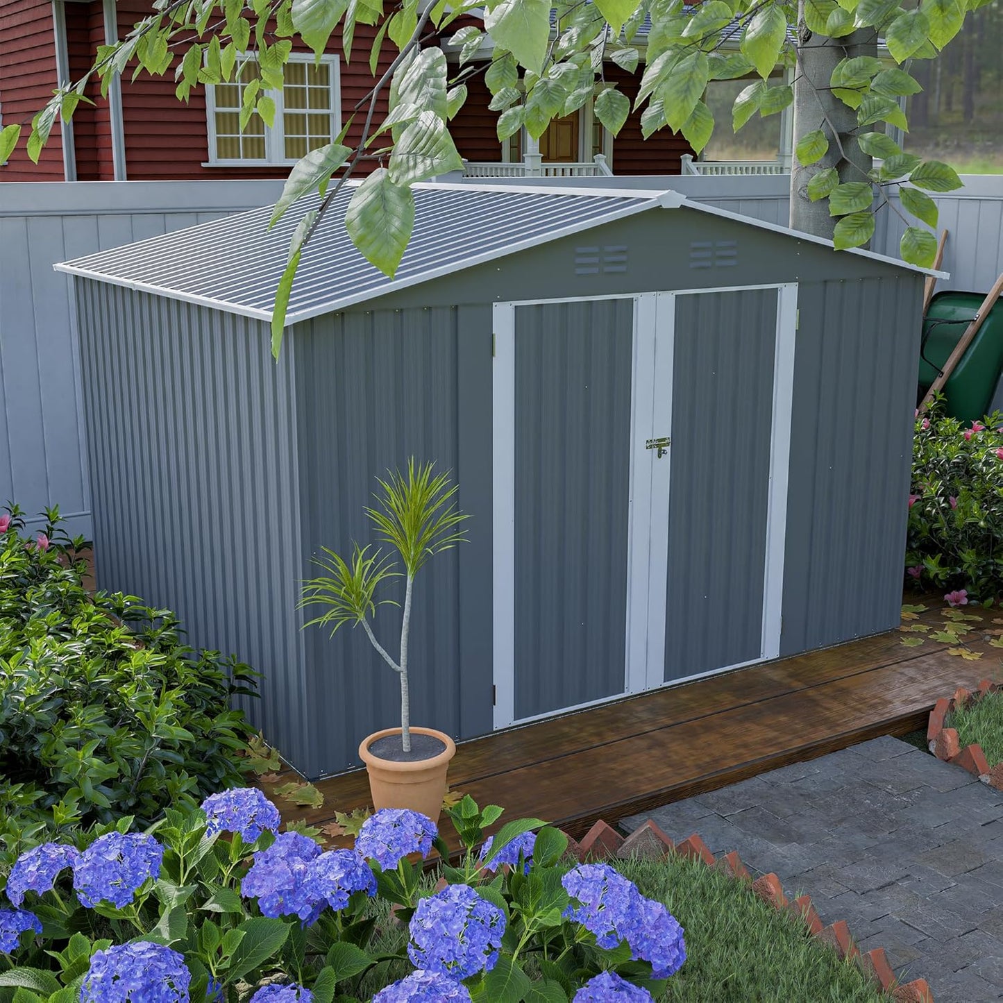 Metal Outdoor Storage Sheds 8 x 6 FT Lockable Metal Garden Shed Steel Anti-Corrosion Storage House with Double Lockable Door for Backyard Outdoor Patio