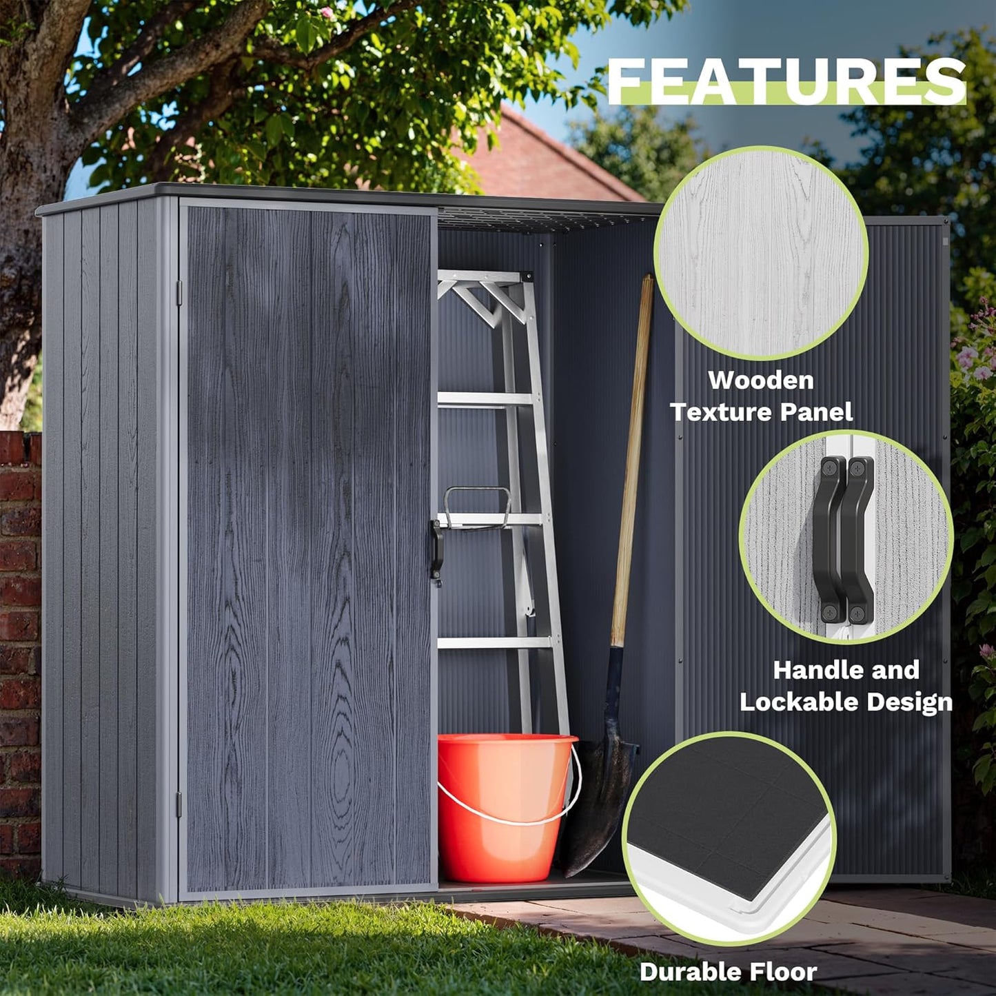 Devoko 5 x 3 Resin Outdoor Storage Shed with Floor - Waterproof Plastic Outdoor Tool Cabinet with Lockable Doors for Patio Furniture, Pool Accessories, Garden Tools (Deep Gray)