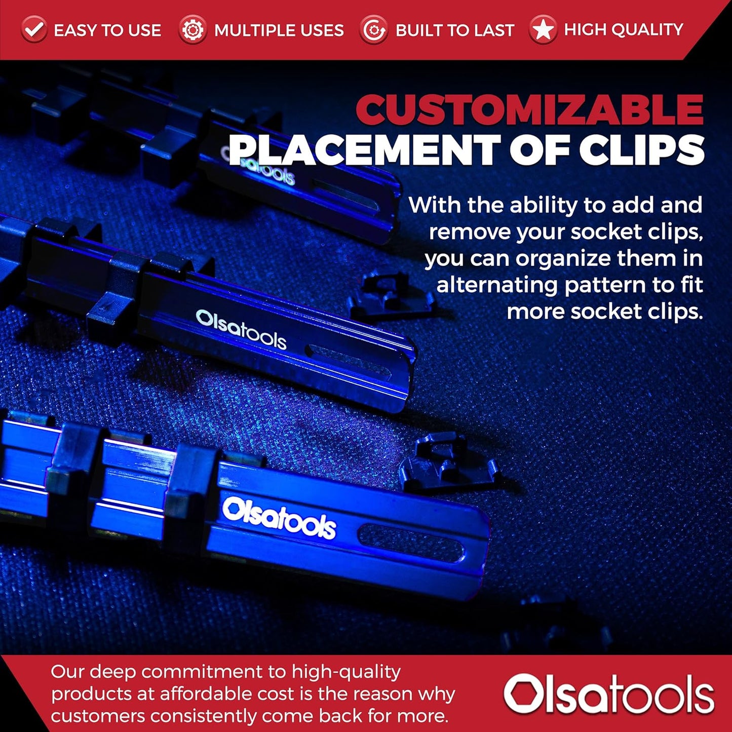 Olsa Tools 3 Pc Set Aluminum Socket Organizer with Locking End Caps | 1/4-Inch Drive x 24 Clips, 3/8-Inch Drive x 18 Clips, 1/2-Inch Drive x 16 Clips | Professional Quality Socket Holder (Blue)