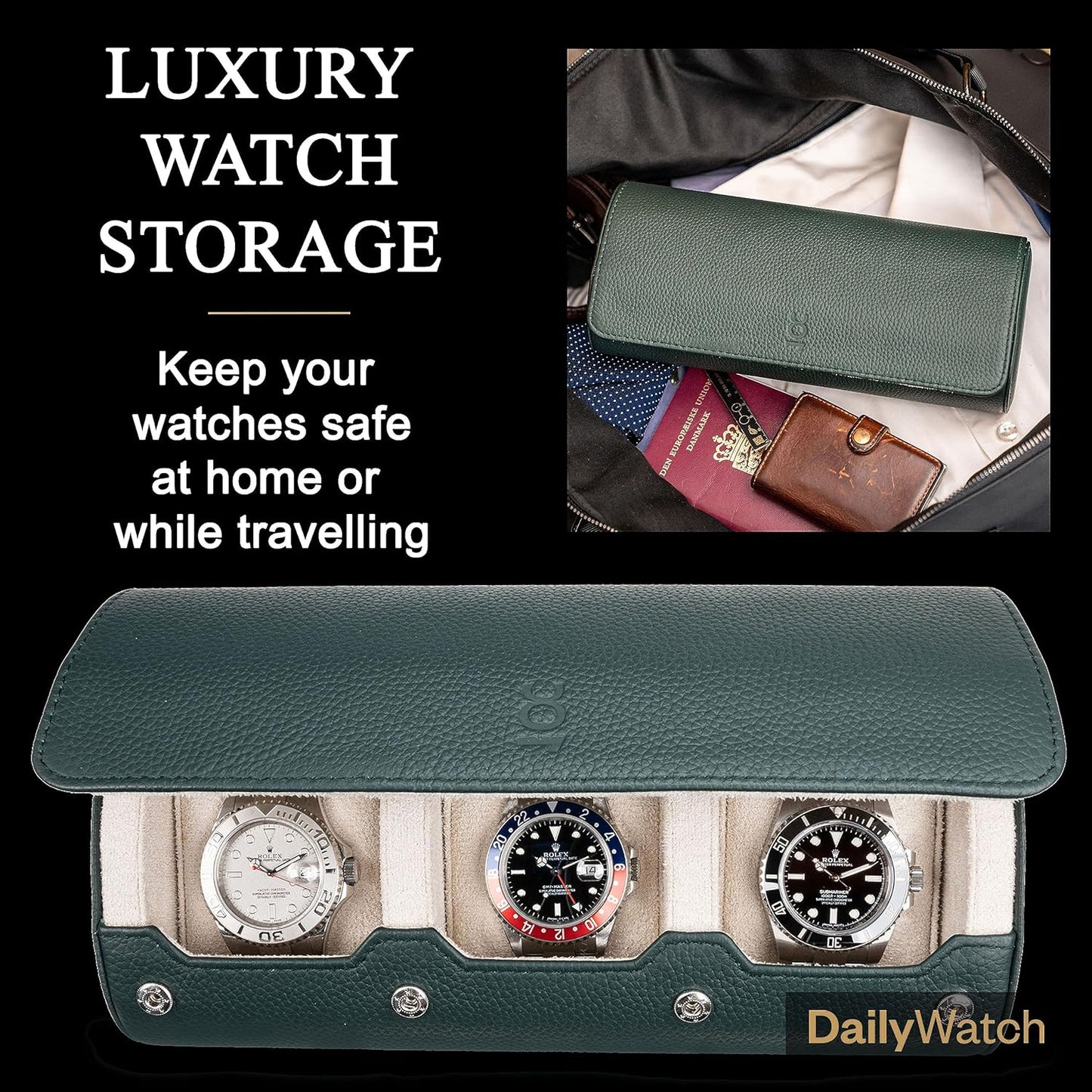 DailyWatch | Watch Roll Travel Case For 2 Watch | Luxury Watch Case In Genuine Leather With Soft Velvet Interior | Watch Case Protect, Store, & Display Your Watches | Dark Green Litchi