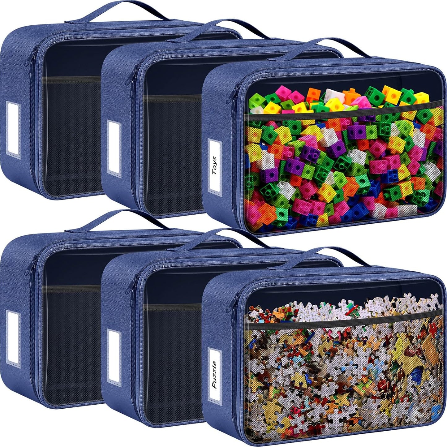 Abbylike 6 Pack Toy Storage Bag Bricks Building Set Car Toy Organization Bags for Traveling Carrying Case, Storage Organizer Puzzles(Navy)