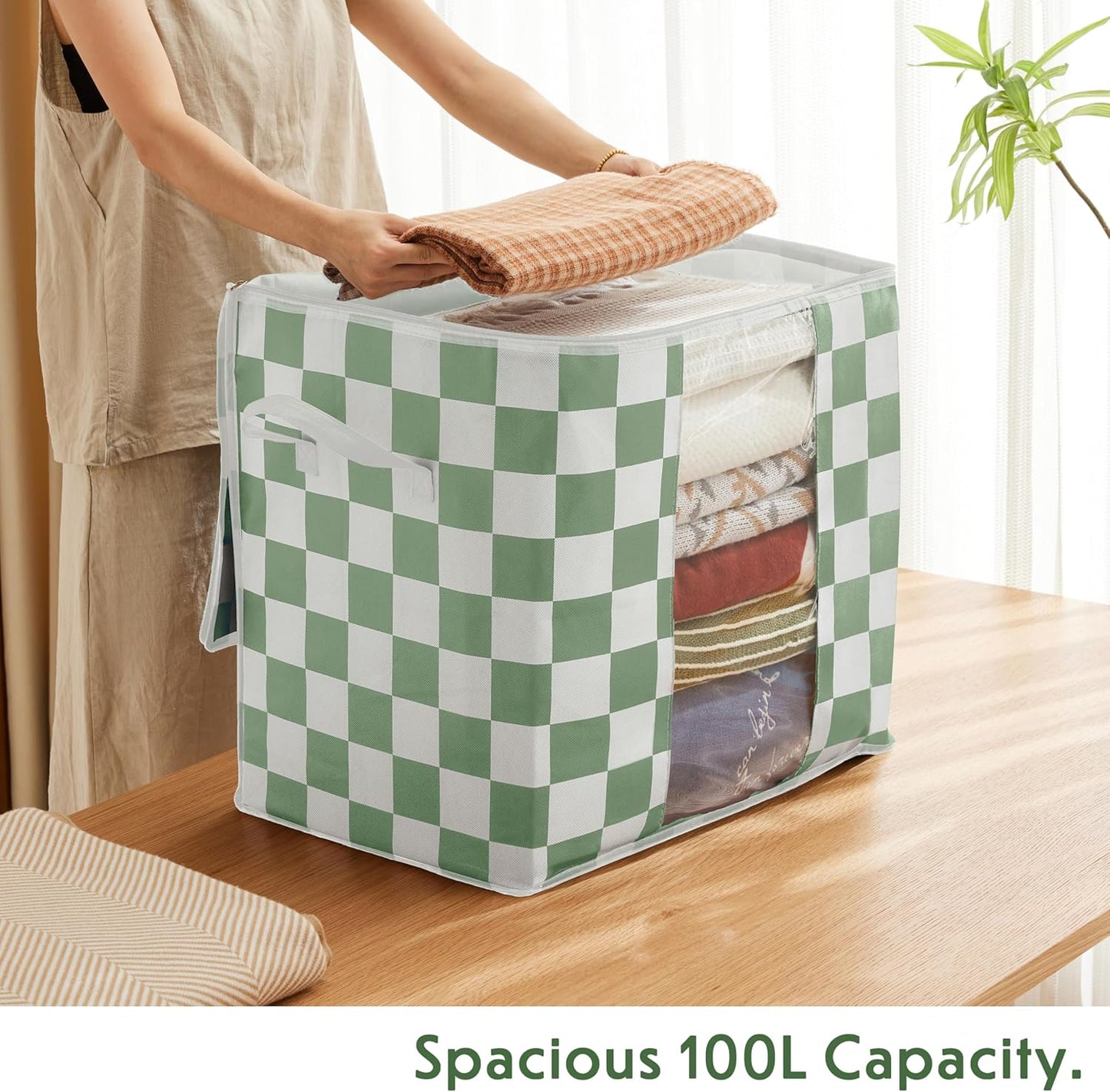 Green Checkered Clothes Storage Bins, 100L Large Blanket Storage Bags 3 Pack, Closet Organizers and Storage Containers for Comforters, Bedding, Foldable Organizer with Handle