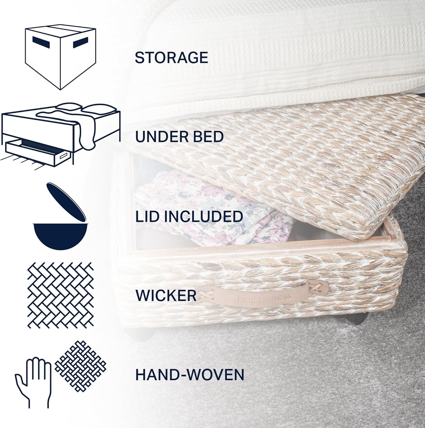 happimess BSK1006C 26.38" Chett Minimalist Hand-Woven Hyacinth/Wood Underbed Storage Bin with Wheels and Handles for Storage and Decoration in Bathroom, Bedroom, Closet,Entryway,Guest Room, White Wash