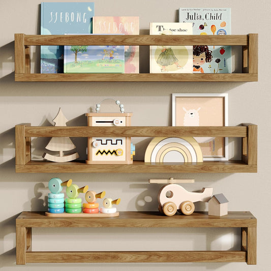 Upgraded Thick Floating Shelves - Multi-Use Wall-Mounted Bookshelves for Kids and Nursery, Ideal for Books, Toys, Spice Rack, Decor - Drak Walnut Brown