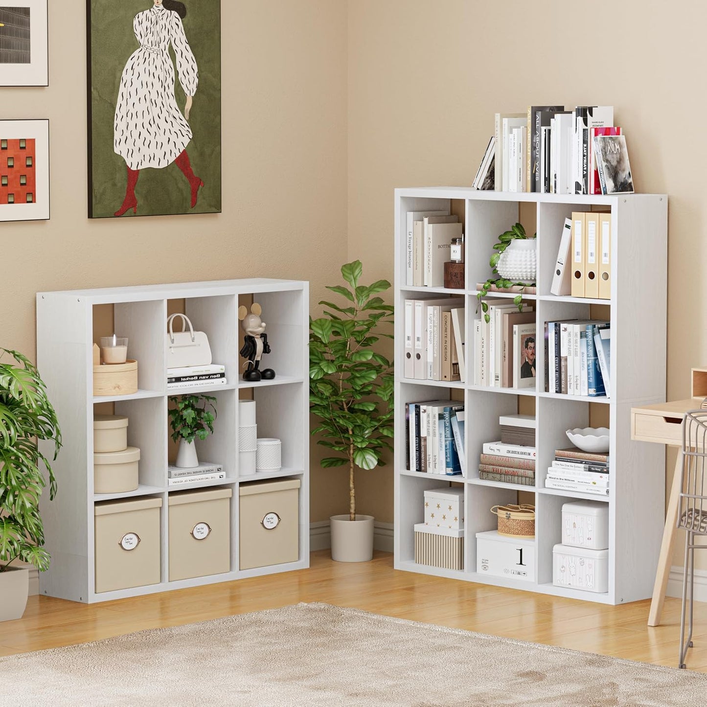 Cube Storage Organizer Bookcase, Decorative 11 inch Open Back Cubical Shelf with Thickened Border, Display Bookshelf for Living Room, Home Office, Sturdy Room (White, 12 Cube)