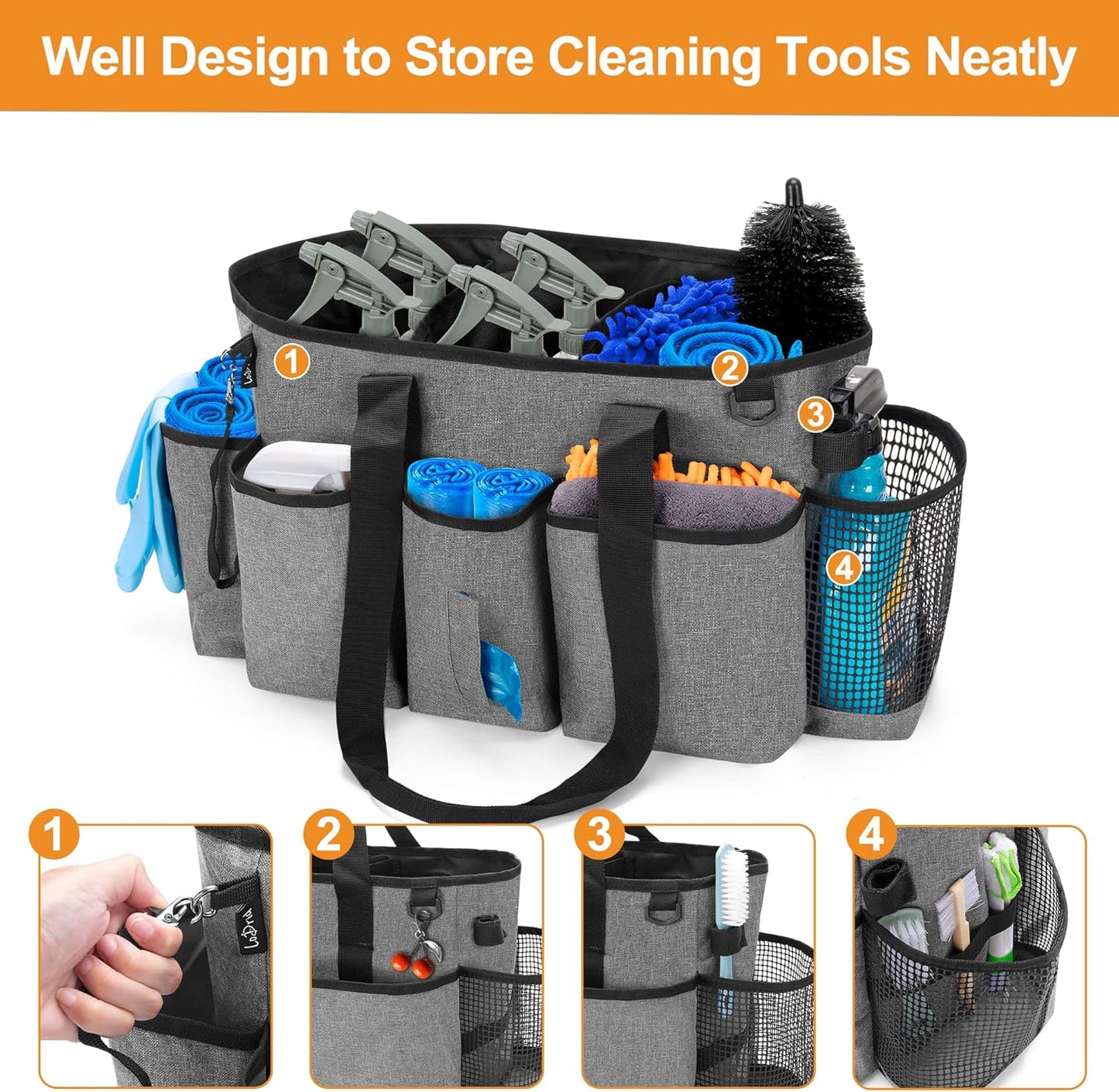 LoDrid Professional Cleaning Tote Caddy for Cleaning Supplies, Cleaning Bag Organizer with Dividers and Handle Strap for Housekeepers Work, Gray, (Bag Only)