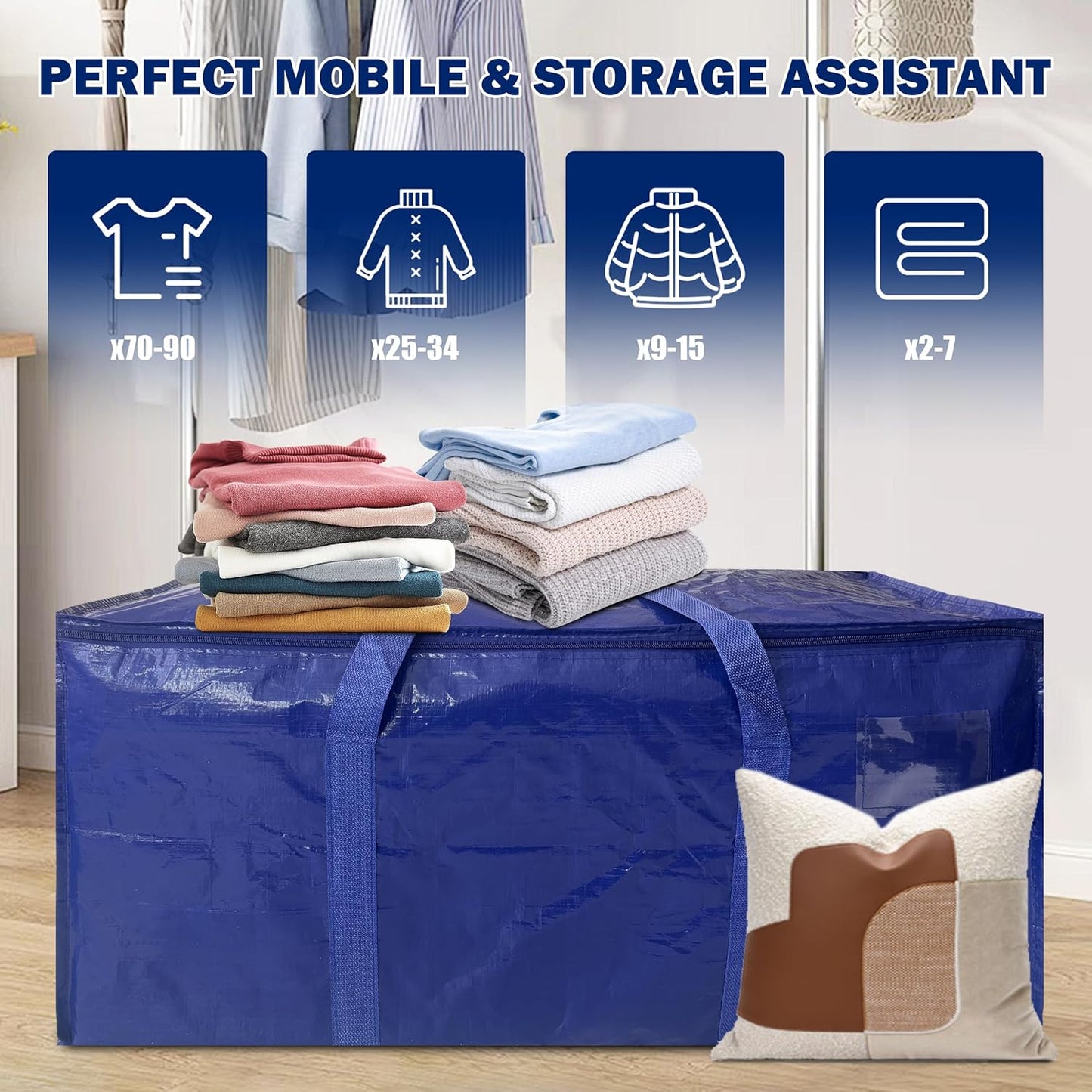 4 Pack Extra Heavy Duty Large Moving Bags with Strong Zipper & Carrying Handles, Sturdy Clothes Storage Bag Totes Bins, Packing Bags Moving Boxes College Moving Supplies, Dark Blue - 40 gal