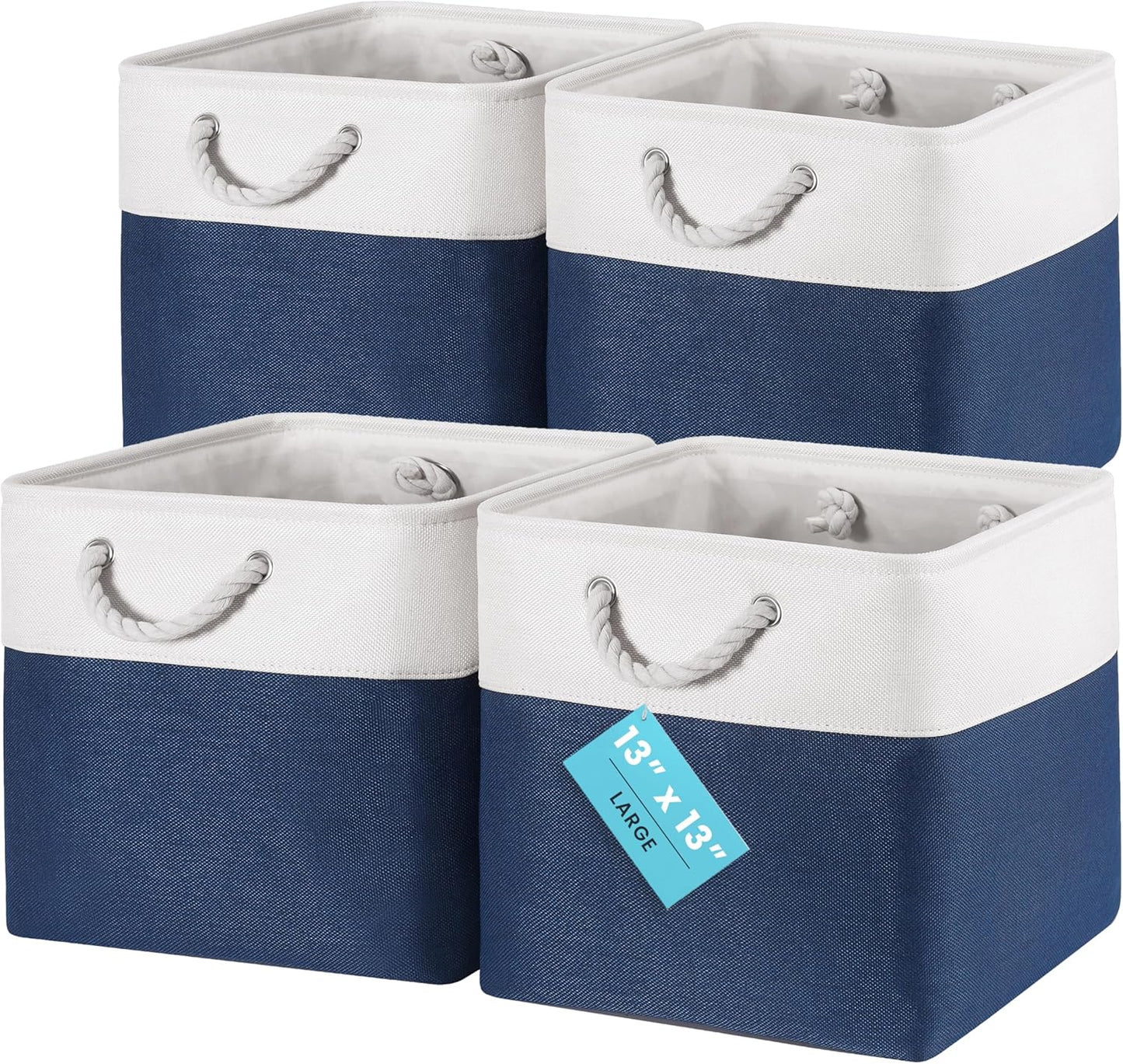 OrganiHaus 13x13 Cube Storage Bins 4 Pack, Foldable Cube Storage Organizer w/ Rope Handles, Collapsible Fabric Bins for Toys, Clothes & Closet Organization, Fabric Square Baskets - Navy Blue