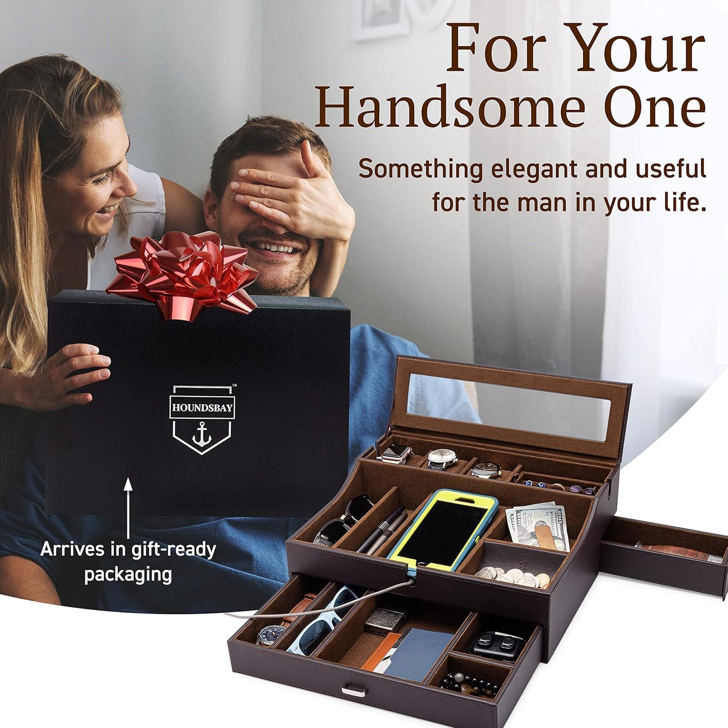 Mens Valet Box Organizer, Large Leather Valet Tray for Men, Mens Valet Tray Organizer with Charging Station, Mens Jewelry Box Organizer for EDC Valet Mens Accessories, Nightstand Bedside Dresser Top
