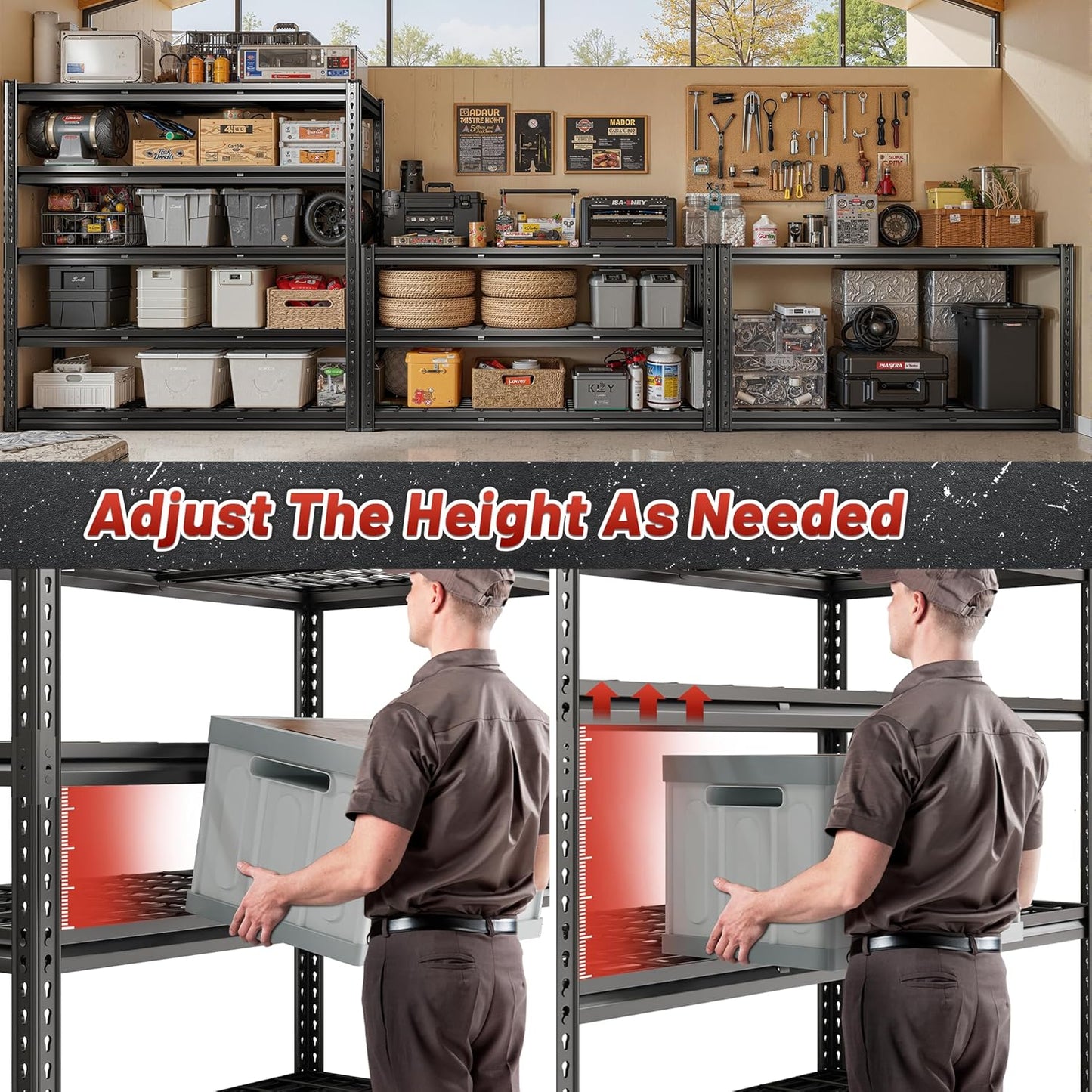 REIBII 3050LBS Garage Shelving Storage Shelves Heavy Duty 5-Tier Adjustable Matel Shelving Easy Assembly Storage Shelf for Garage Basement Warehouse Pantry, 48.2" W X 24.1" D X 72.2" H