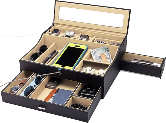 Mens Valet Box Organizer, Large Leather Valet Tray for Men, Mens Valet Tray Organizer with Charging Station, Mens Jewelry Box Organizer for EDC Valet Mens Accessories, Nightstand Bedside Dresser Top