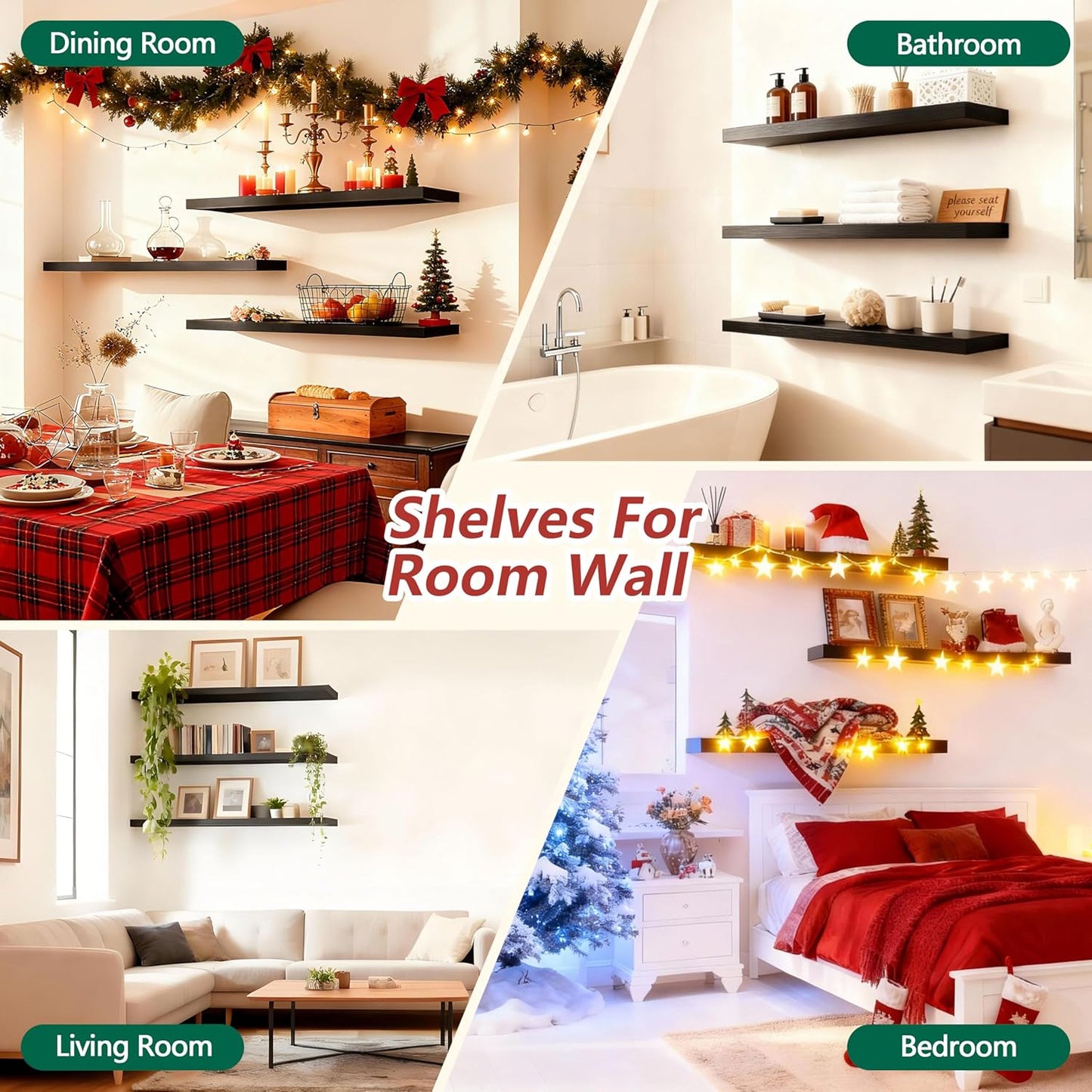 ROGMARS Black Floating Shelves for Wall,36 inch Rustic Wooden Floating Wall Mounted Book Shelves with Invisible Brackets for Living Room, Bedroom, Kitchen, Bathroom,Set of 3