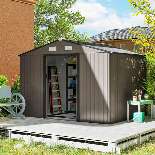 Outsunny 9' x 6' Outdoor Storage Shed, Garden Tool Metal Shed with Foundation Kit, Double Lockable Door, Air Vents and Sloping Roof, for Backyard, Patio, Lawn, Brown