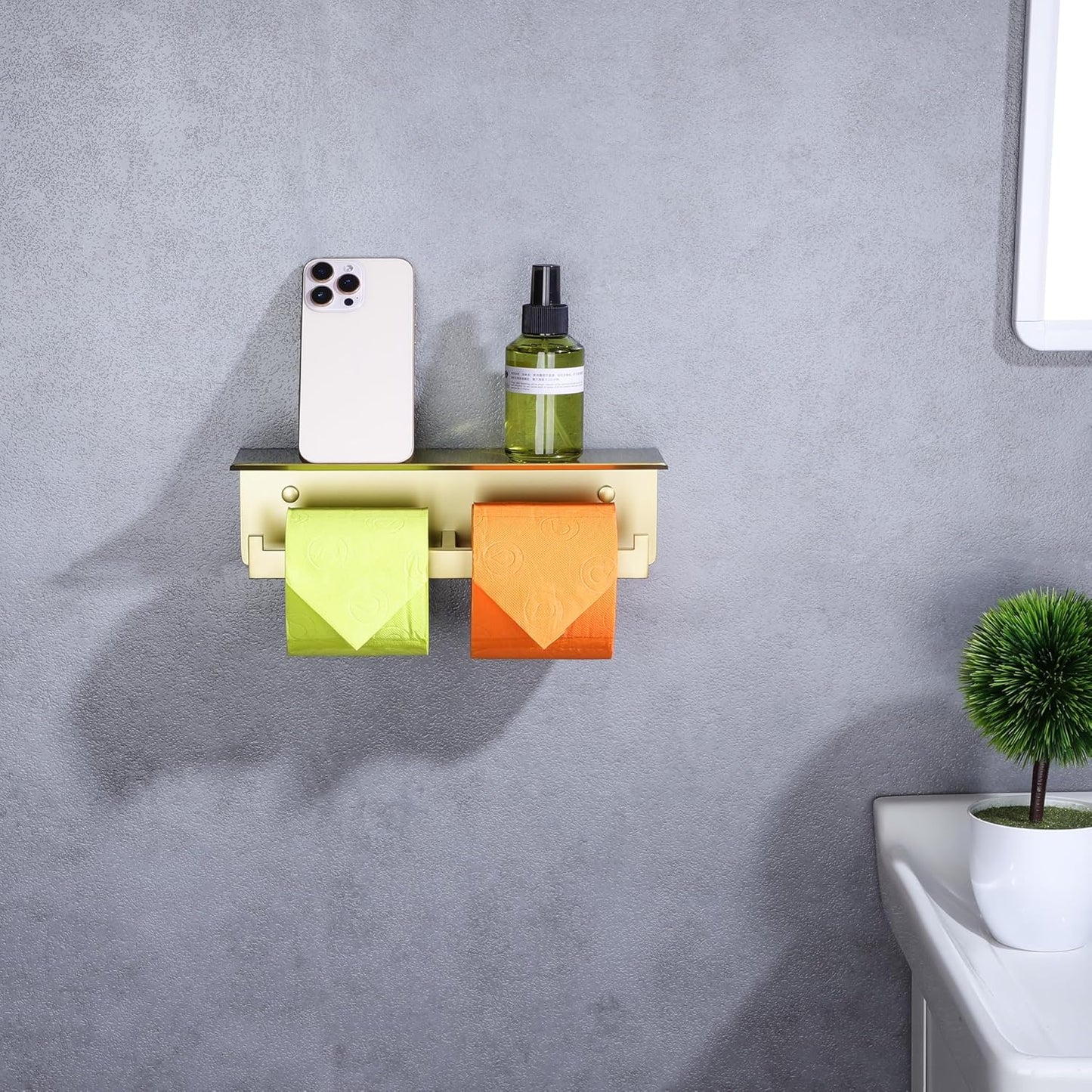 LANC Double Toilet Paper Holder with Shelf, Brushed Gold Commercial Roll Tissue Dispenser with Phone Shelf for Bathroom Wall Mounted or 3M Self-Adhesive Stainless Steel Storage, A8377BG