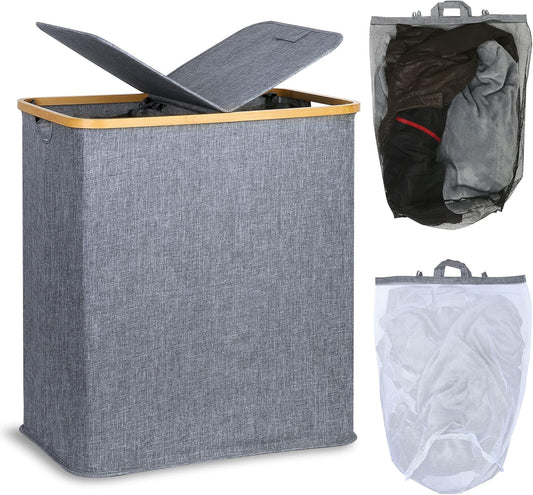 efluky Laundry Hamper with Lid, Double Laundry Hamper with 2 Removable Bags, 2 Section Laundry Basket with Bamboo Handles for Bathroom, Bedroom & Laundry Room, 140L (36.9 Gallon) Blue Grey
