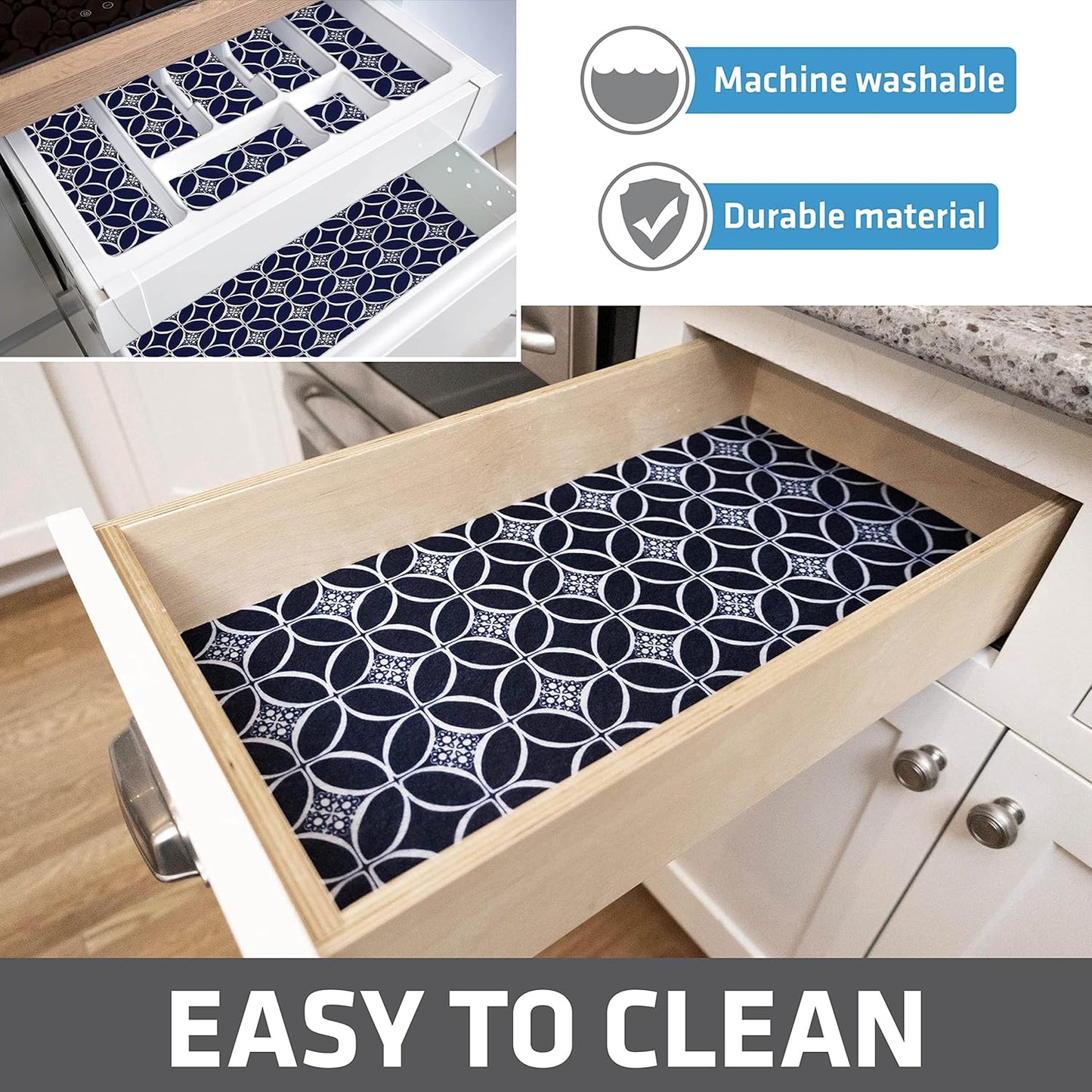 Drymate Premium Luxury Shelf & Drawer Liner, Thick Cushioned Fabric, Non-Adhesive, Absorbent, Waterproof, Slip-Resistant, Liners for Kitchen Cabinets, Cupboards (USA Made)(12”x59”)(24-Pack)(Indigo)