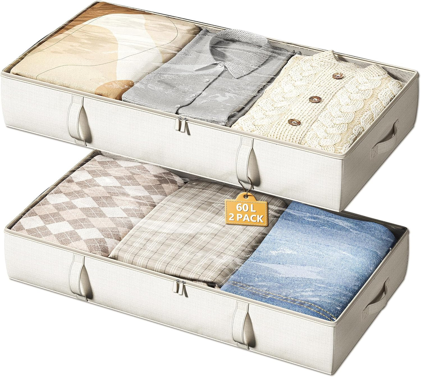 Vailando Storage Containers, 6 Inches Tall 60L Underbed Storage Bins with Sturdy Handles and Sidewalls, Closet Organizer for Clothes, Blankets, Seasonal Items, Beige, 2-Pack