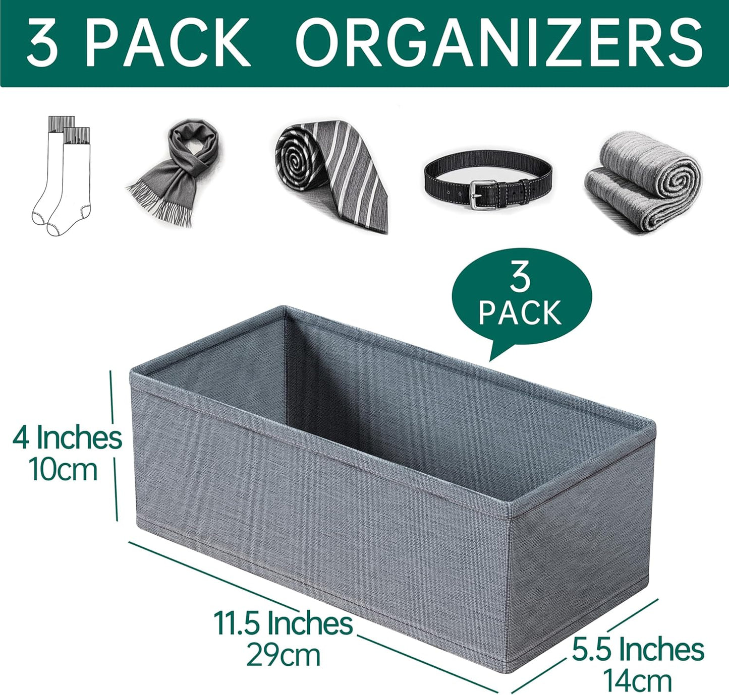 3 PACK Drawer Organizer Clothes，drawer Divider， Dresser Drawer Storage for Sock, Underwear, Bra，Panties，Belt, Tie, Stockings, Leggings & Accessories (Grey)