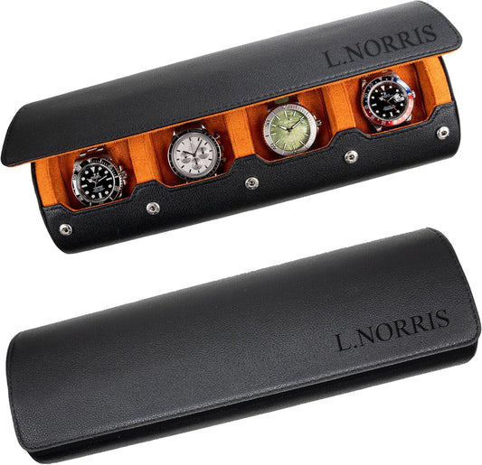 DailyWatch | Personalized Watch Roll Travel Case For 4 Watches - Handmade Genuine Leather Travel Case With Custom Engraving of Name or Initials - Black Orange