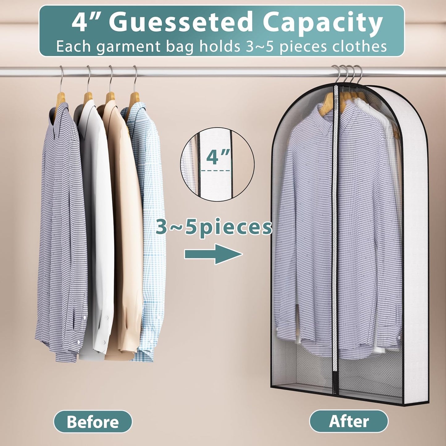 40” Garment Bags for Hanging Clothes 4” Gusseted - with Clear Window, Breathable Fabric, Metal Zipper, Suit Coat Dress Protector for Clothes Closet storage, Season Off, Moving, 5 Pack