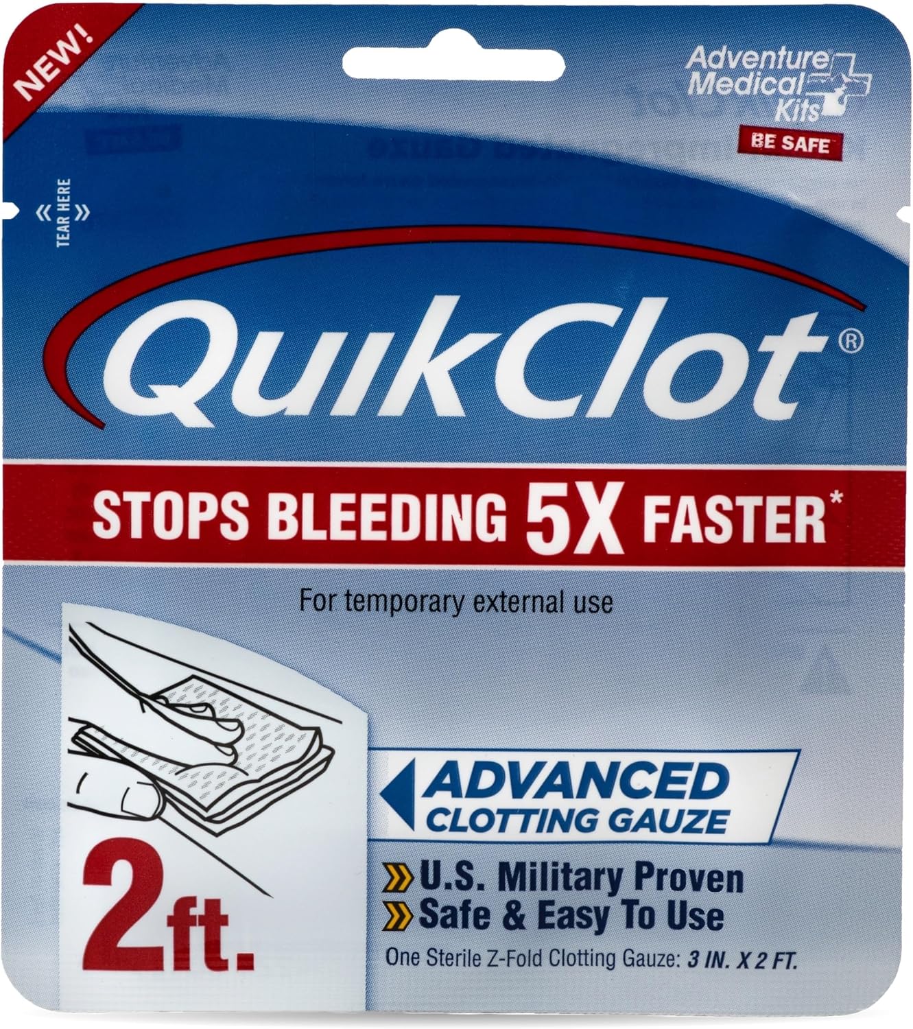 Adventure Medical Kits QuikClot Gauze - Flexible Hemostatic Medical Gauze for Emergency Survival or Disaster Preparedness Kits & More - Stops Bleeding Fast with Kaolin - 3" x 24"